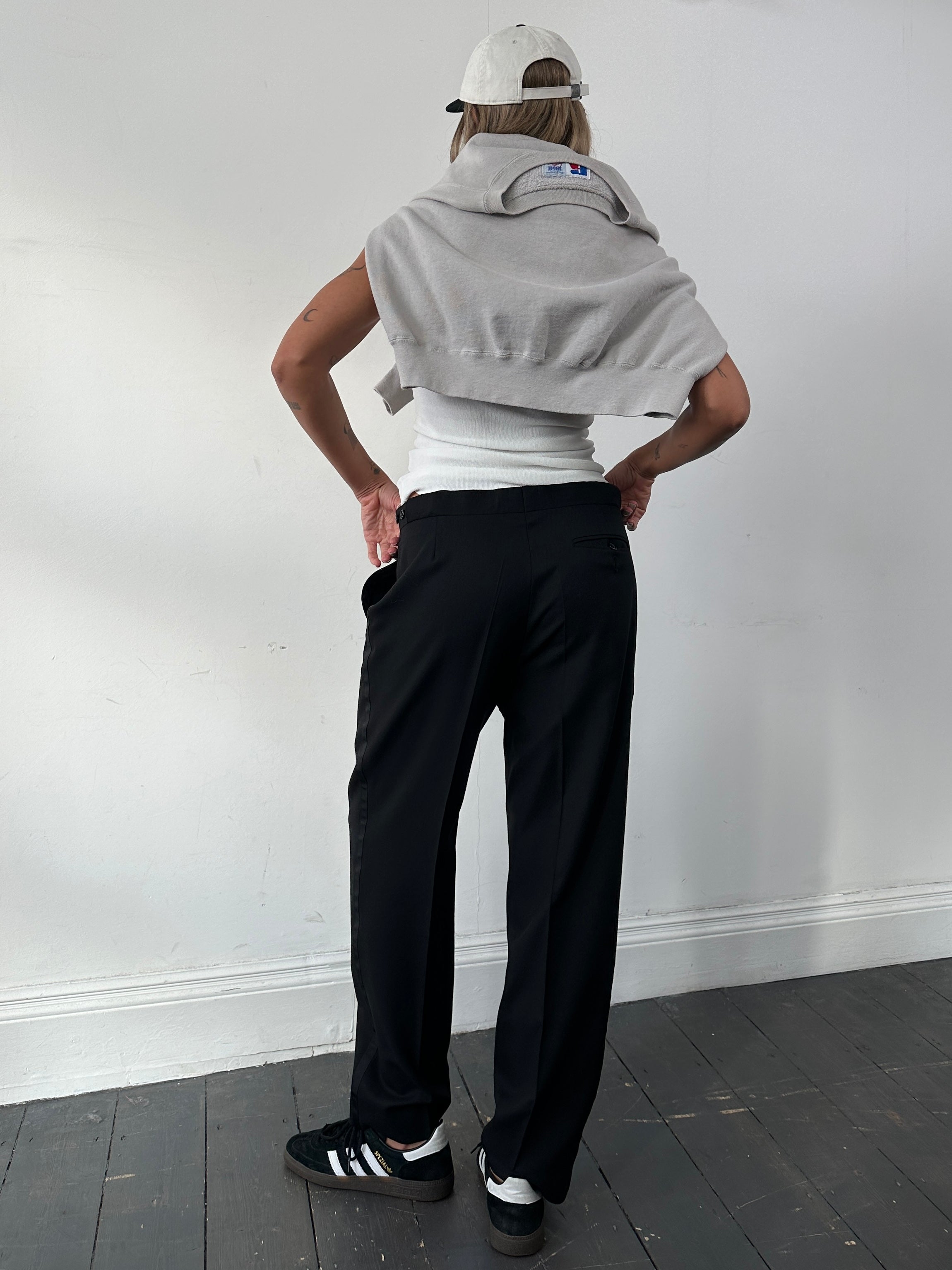 Vintage brand vintage pure wool tuxedo trousers with straight legs, size W30-32, displayed flat in the image.