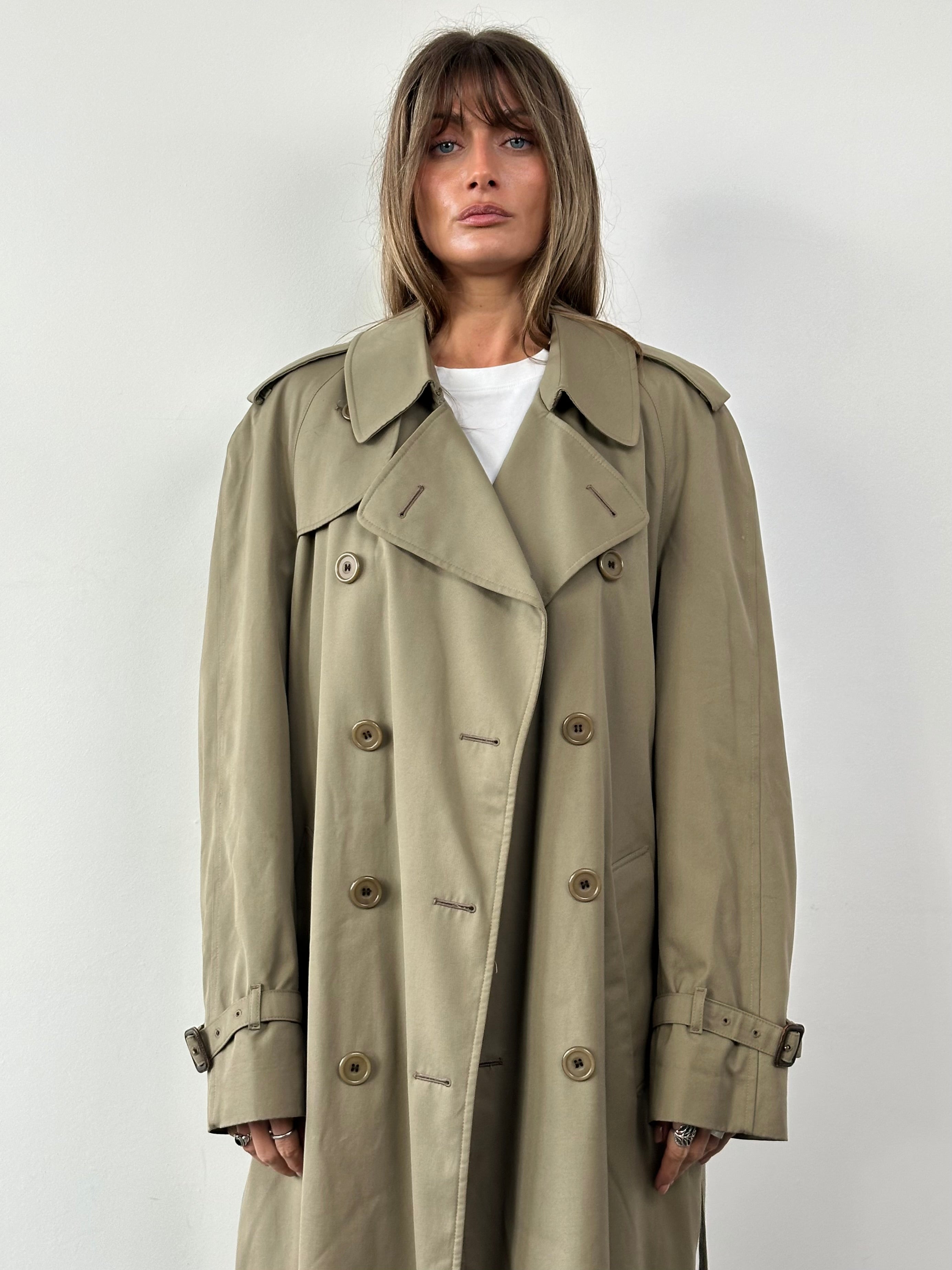 Aquascutum pure cotton double-breasted belted trench coat in size XL, shown with classic design and stylish detailing.