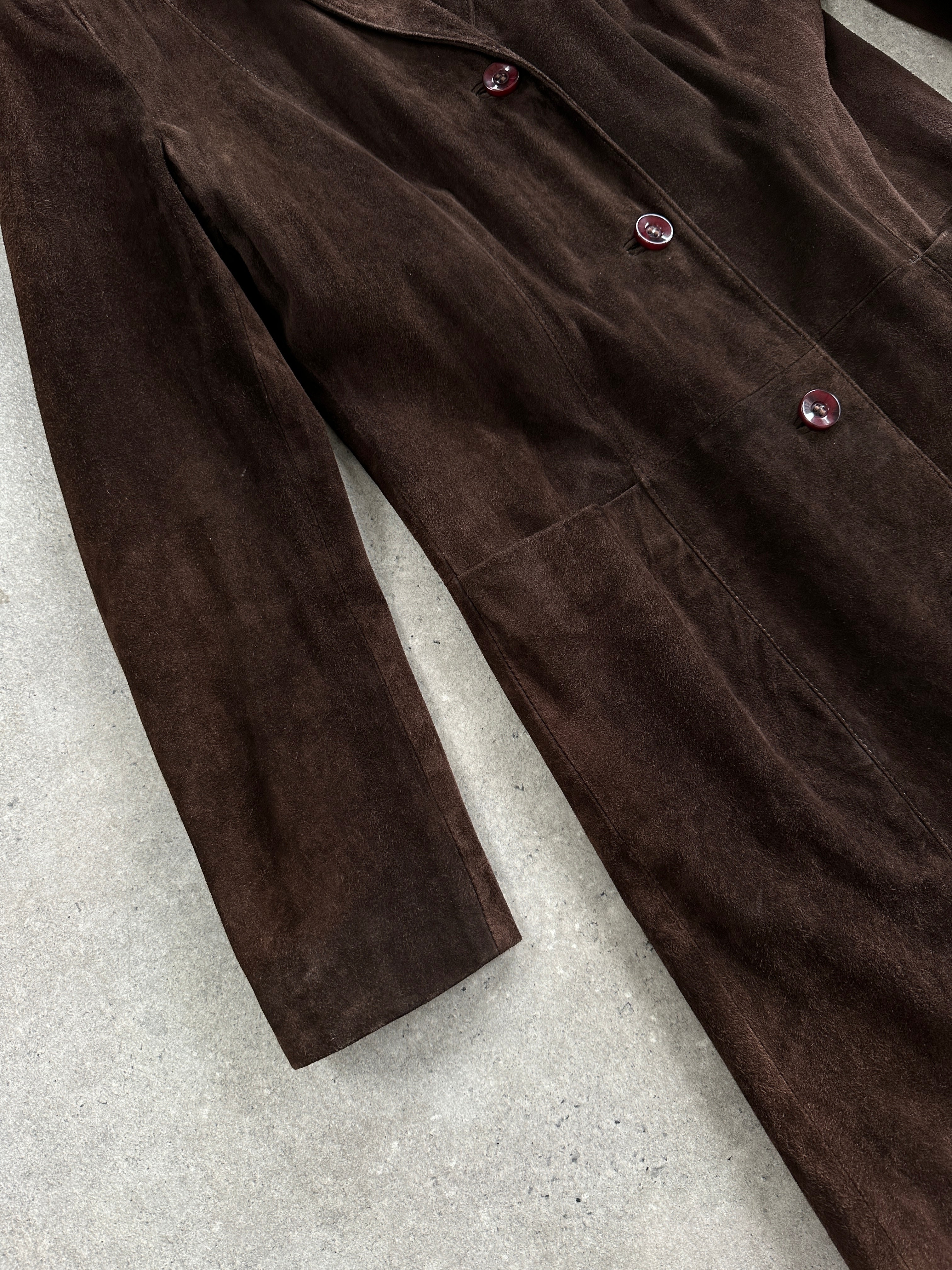 Vintage suede trench coat jacket in size small, featuring classic design and rich texture, ideal for stylish vintage outerwear.