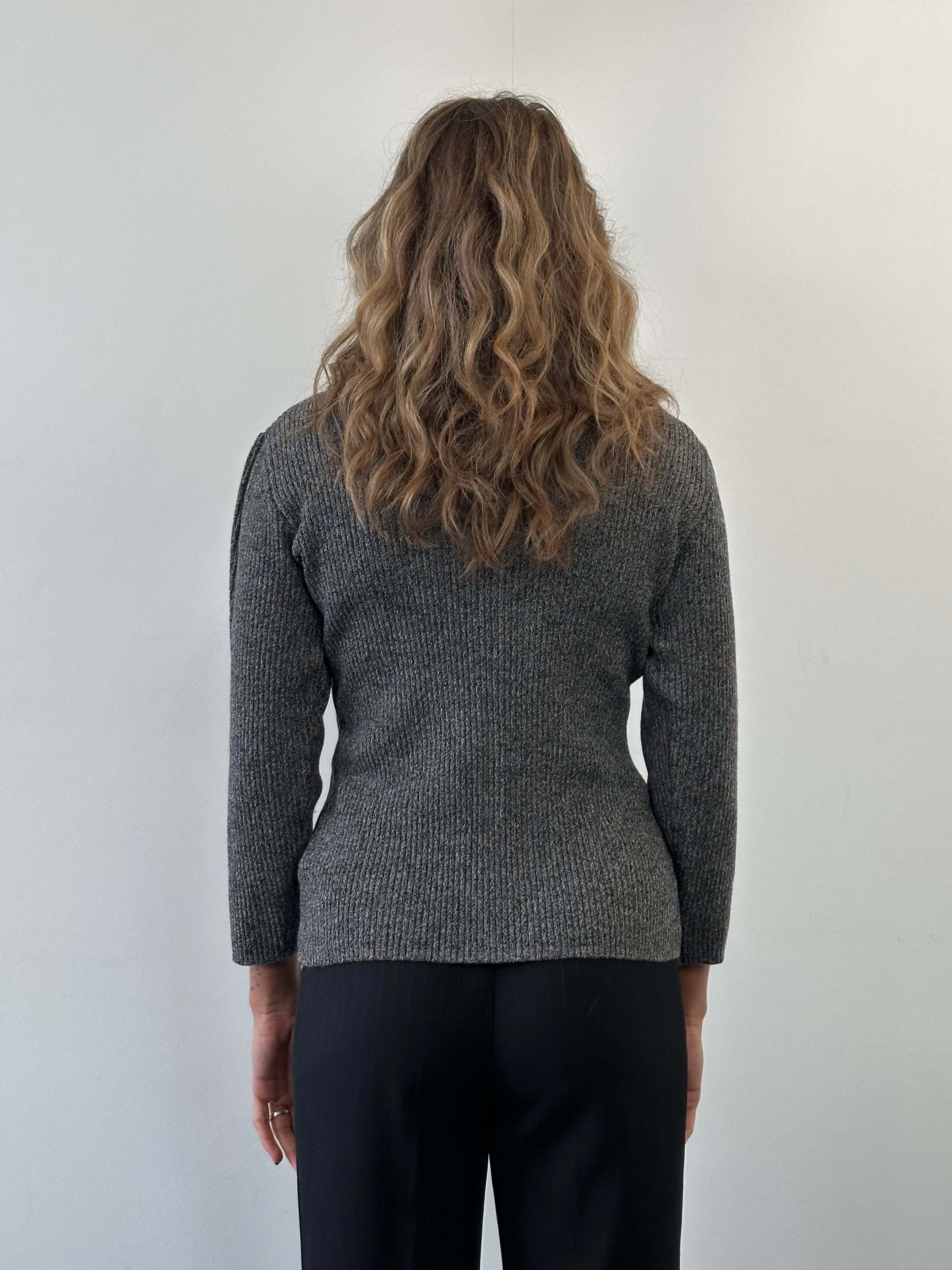 Sportmax wool fitted ribbed polo jumper in size S, showing a close-up of the blue knitted fabric and ribbed collar.