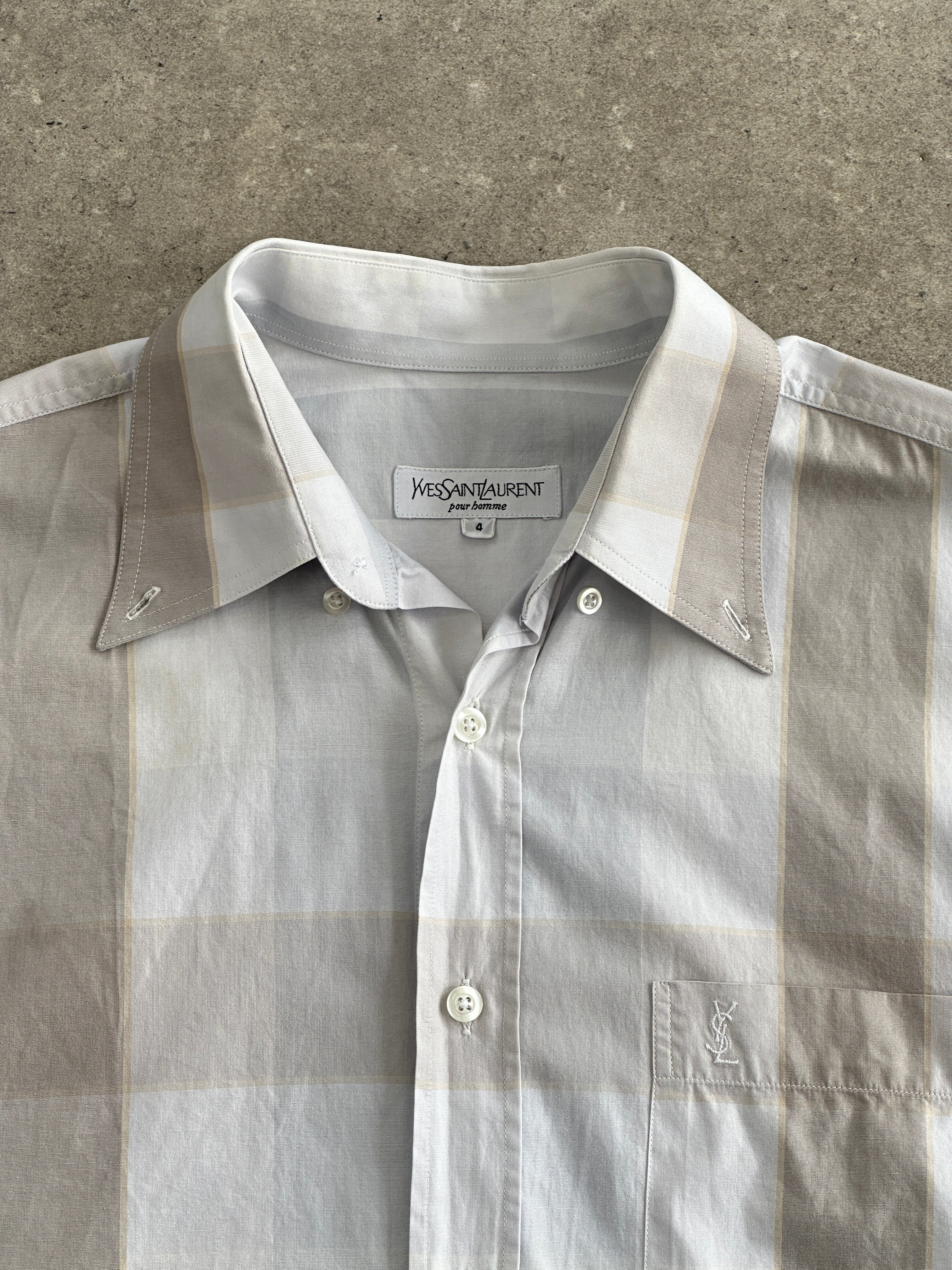 Yves Saint Laurent Pour Homme 1990s cotton check short sleeve logo shirt, XL, featuring a classic check pattern and YSL branding.
