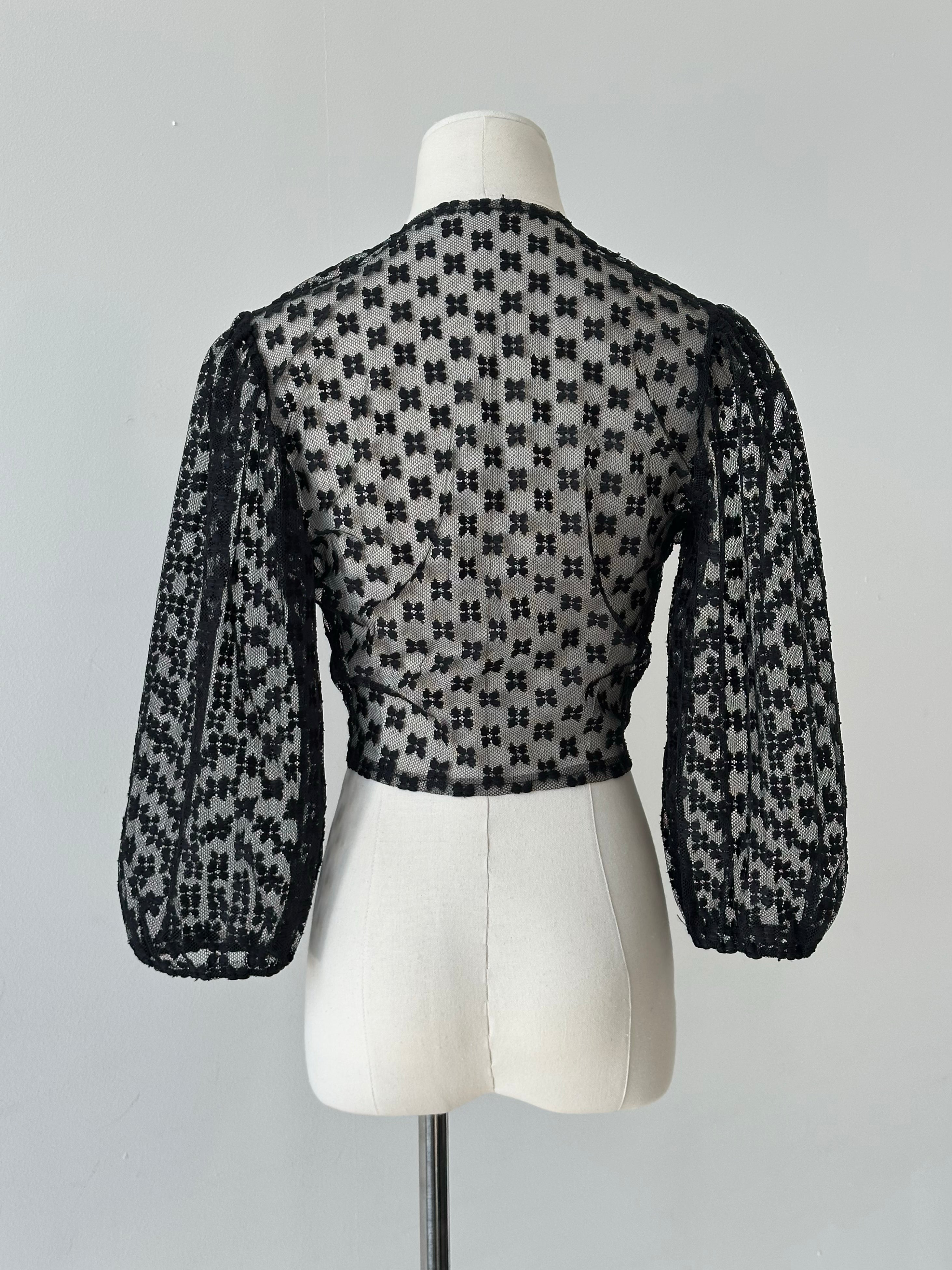 Vintage 1990s Sheer Puff Sleeve Tie Cardigan - S-M