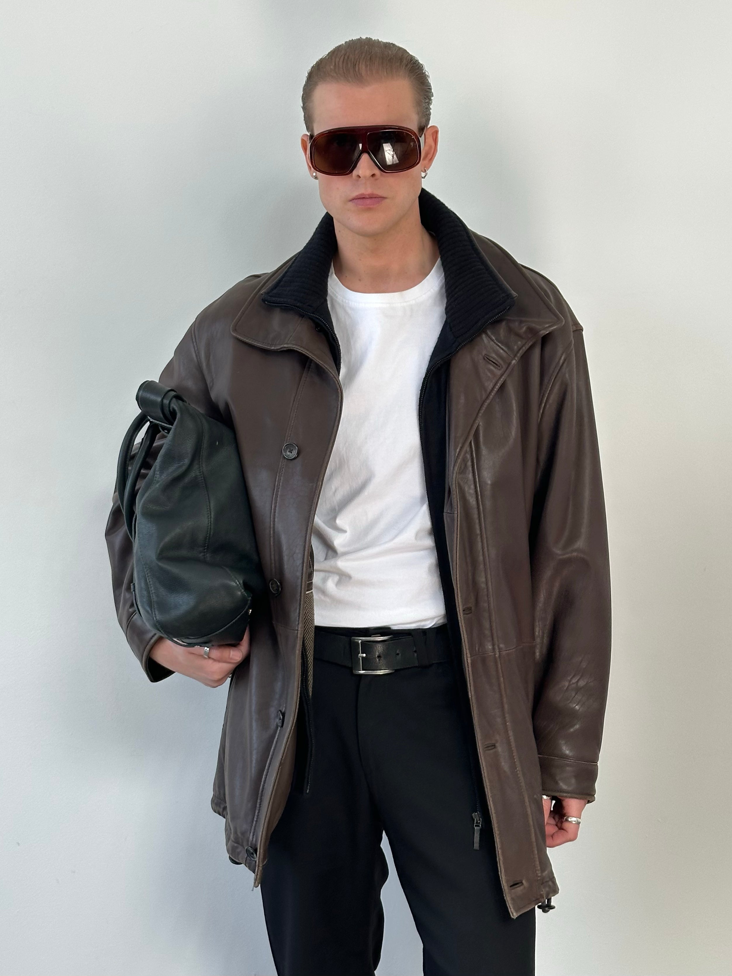 Vintage 1990s Leather Funnel Neck Jacket - XL