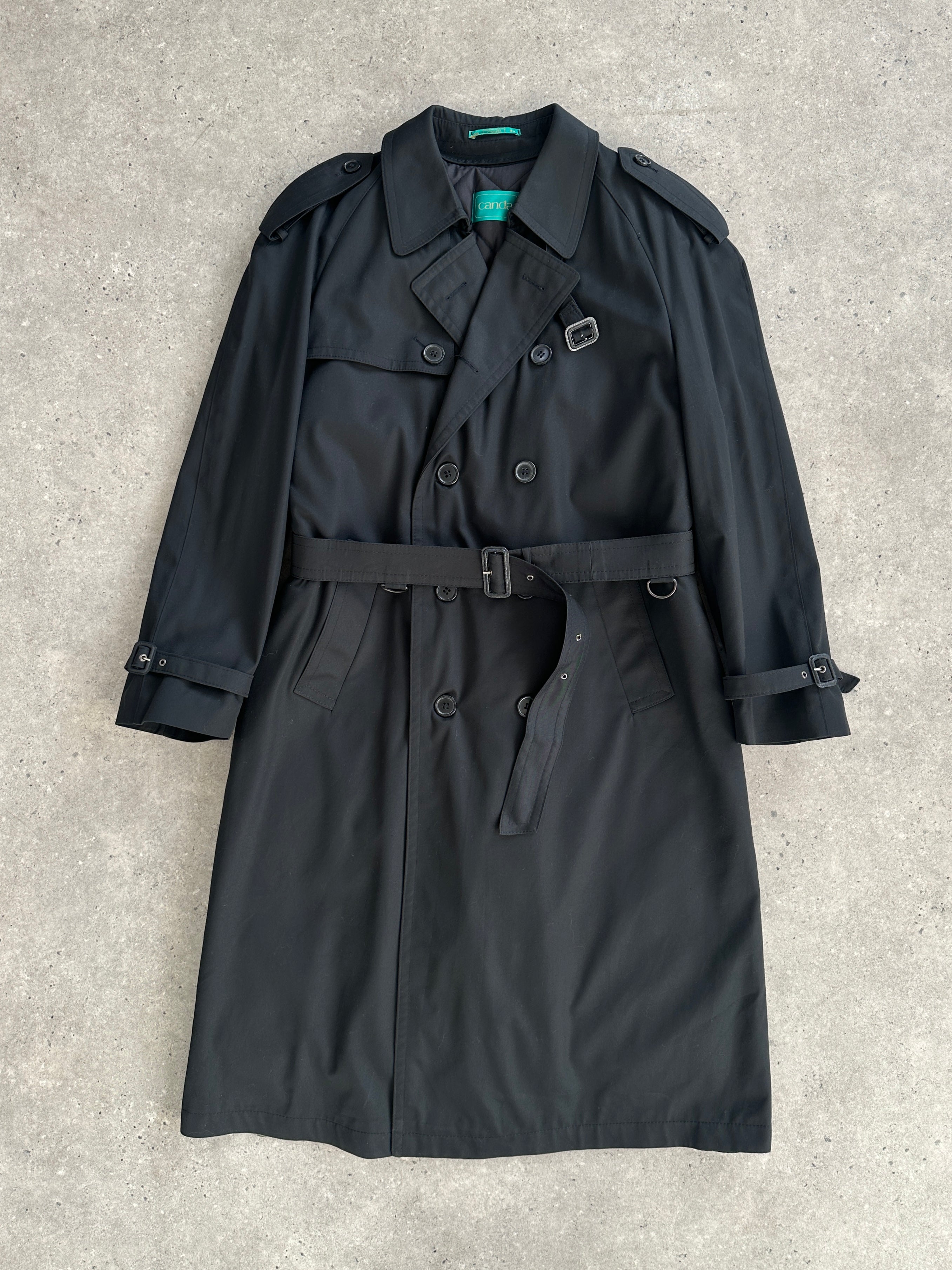 Vintage double-breasted belted trench coat in XL, floor-length with classic style and timeless design.