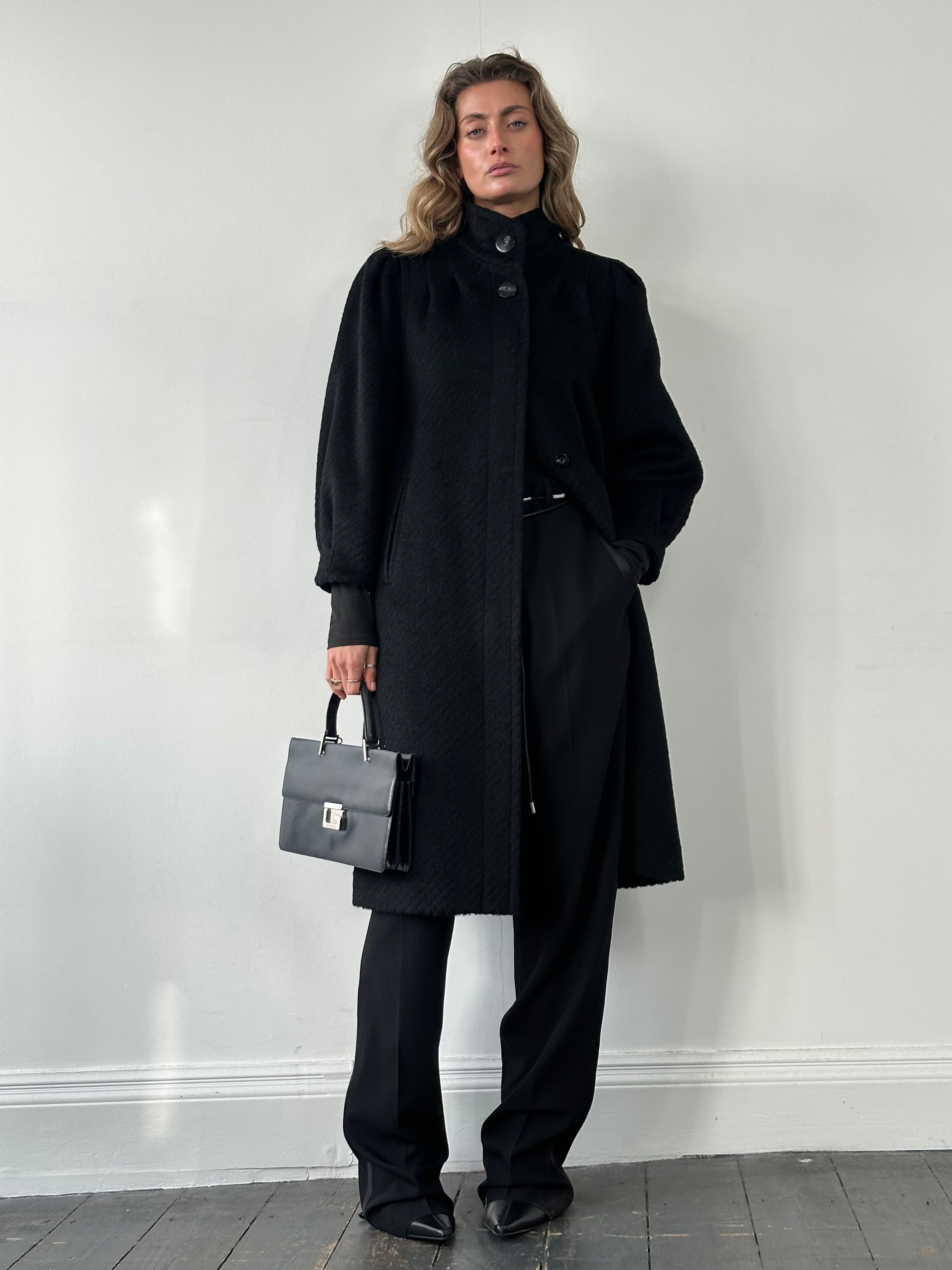 Vintage wool mohair coat with high neck and concealed placket, size M, stylish and warm high-quality outerwear.