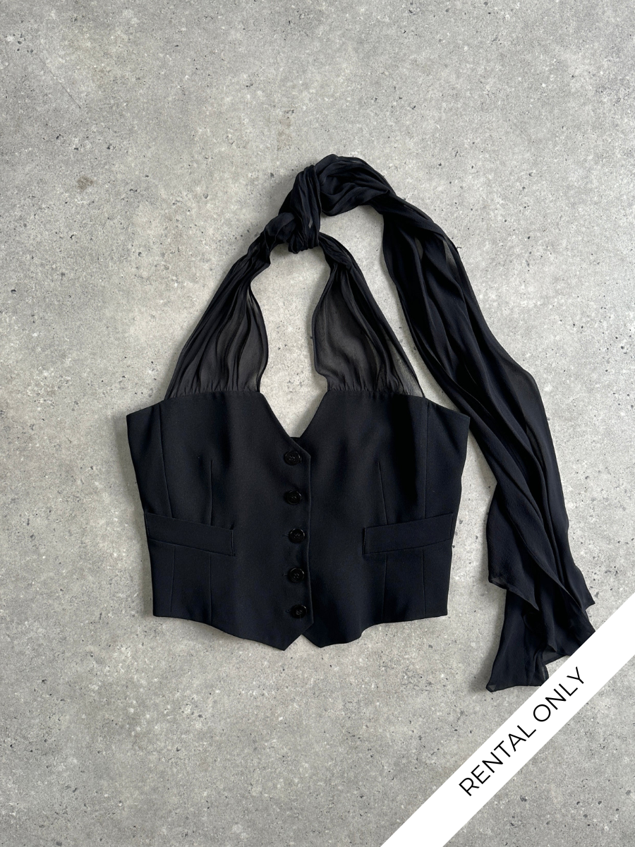 Emporio Armani 2002 pure silk halter neck waistcoat in black, featuring a sleek design and tailored fit.