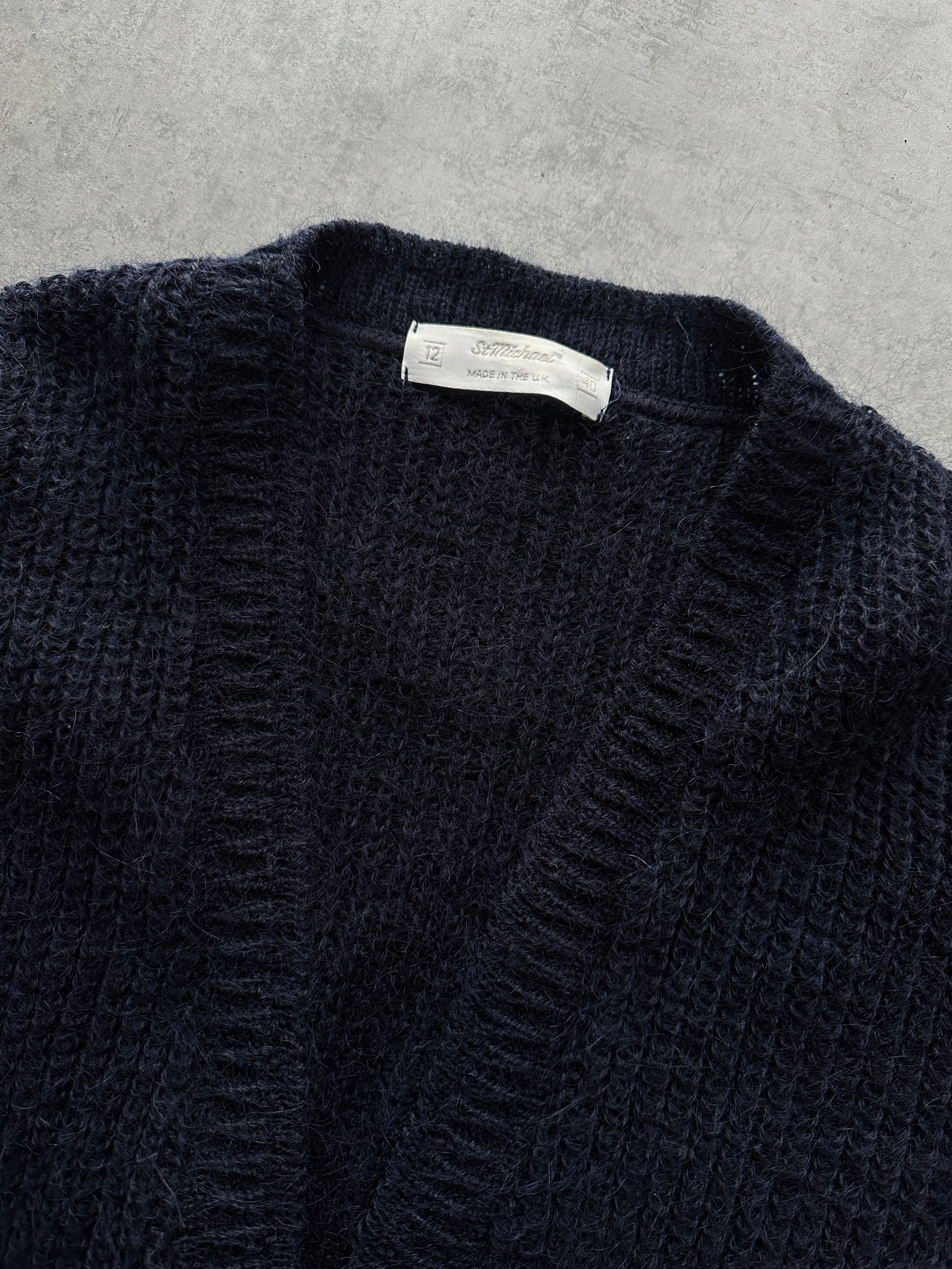 St Michael 1990s mohair double-breasted cardigan in size M with a classic knit pattern and button details.