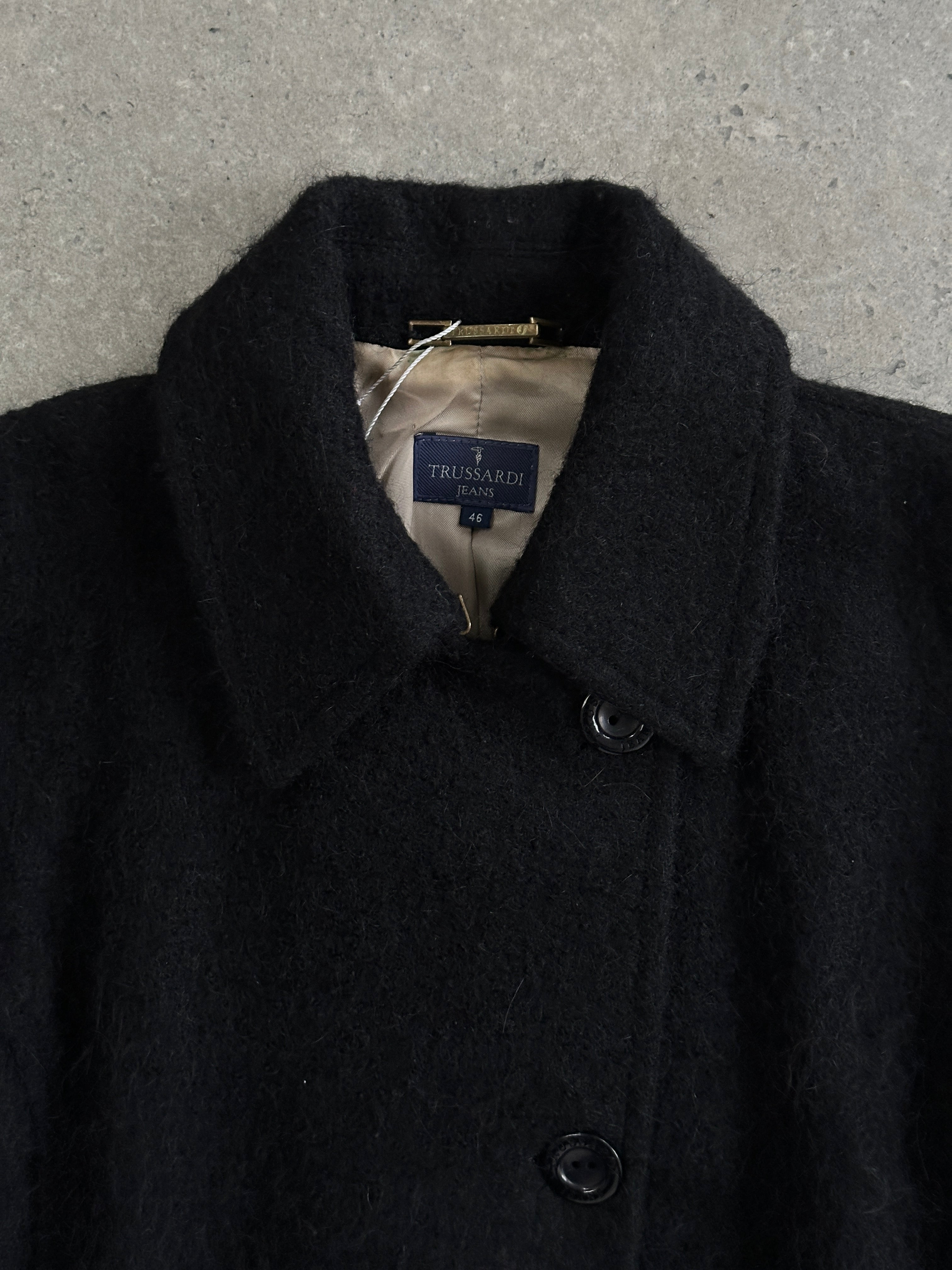Trussardi 2000s virgin wool mohair single-breasted coat in size M, stylish outerwear with classic design and textured fabric.