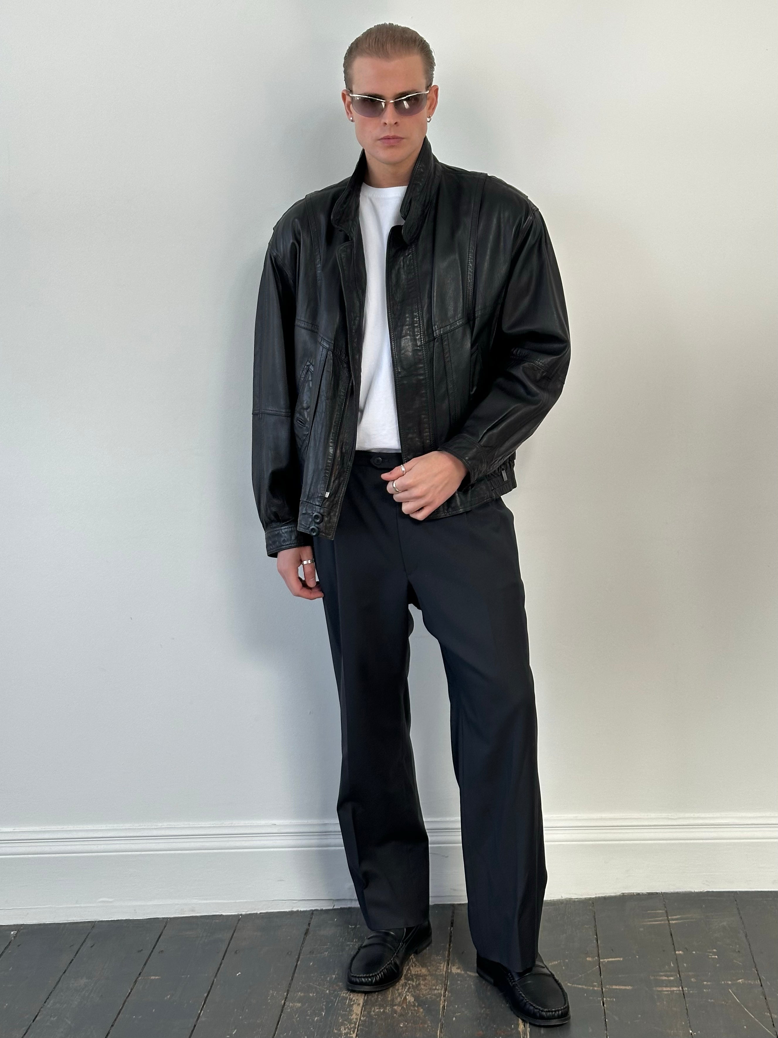 Vintage 1990s High Neck Leather Blouson Bomber Jacket - L