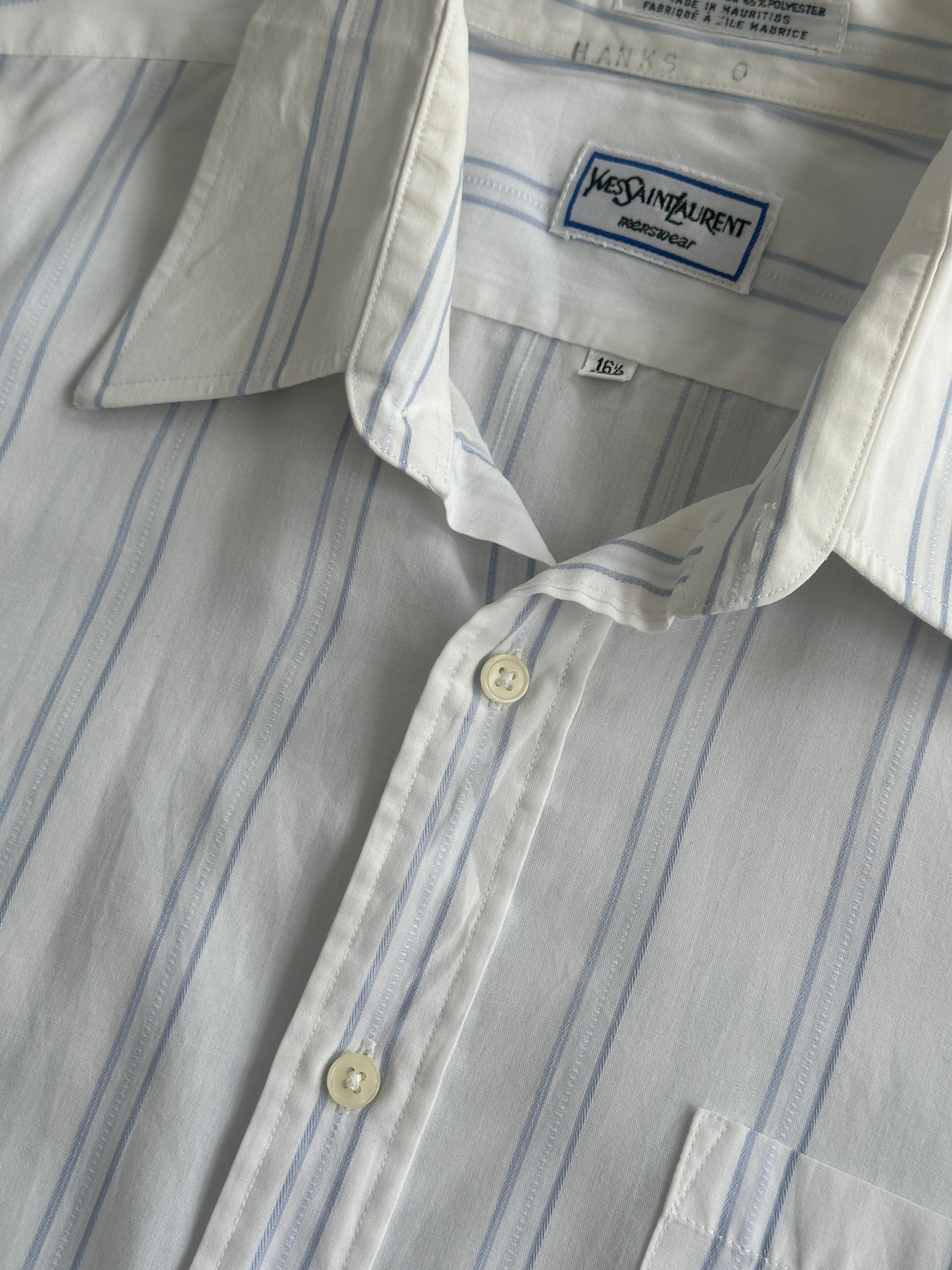 Yves Saint Laurent 80s stripe cotton shirt in size L, featuring bold colorful horizontal stripes and classic button-down design.