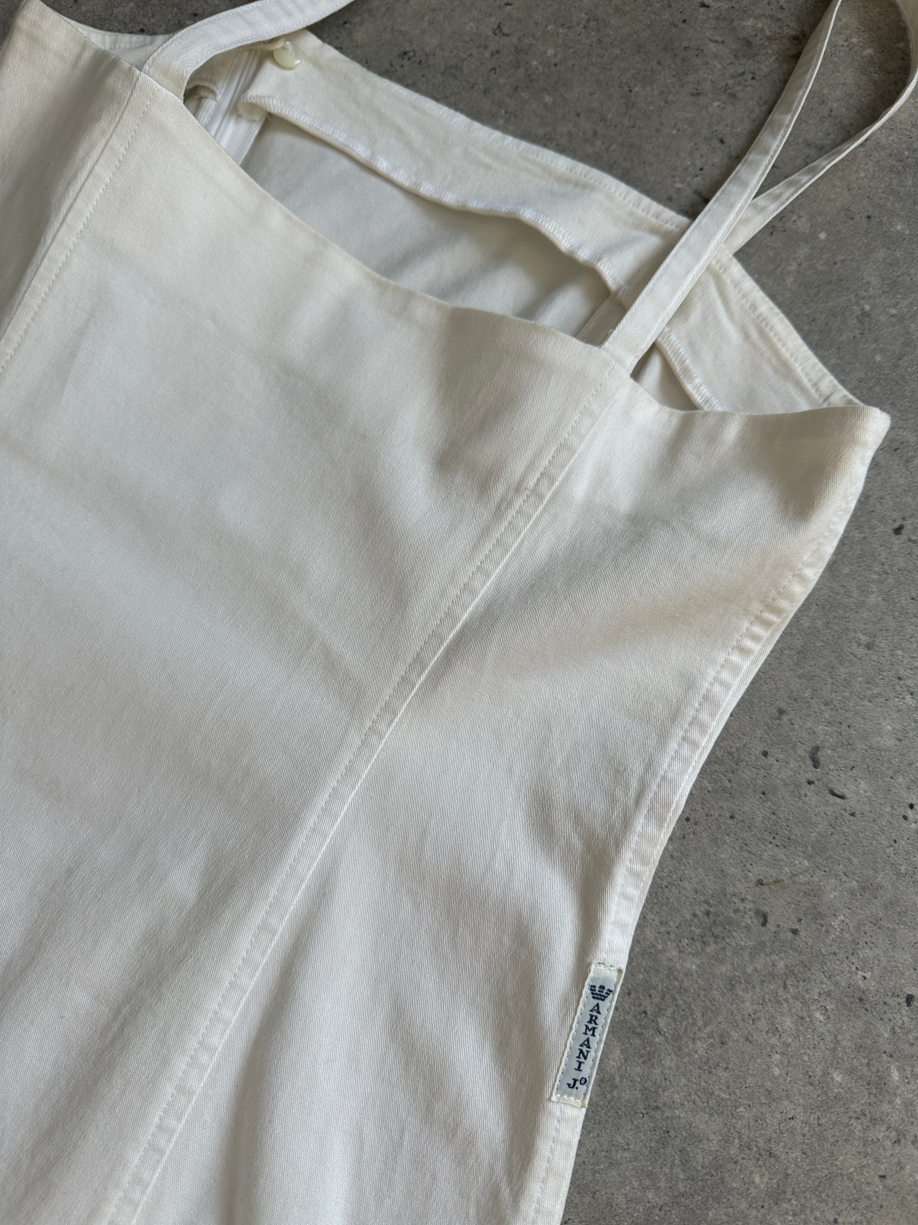 Armani Jeans pure cotton fitted midi dress in S, displayed on a hanger showing the sleek, structured design and classic style.