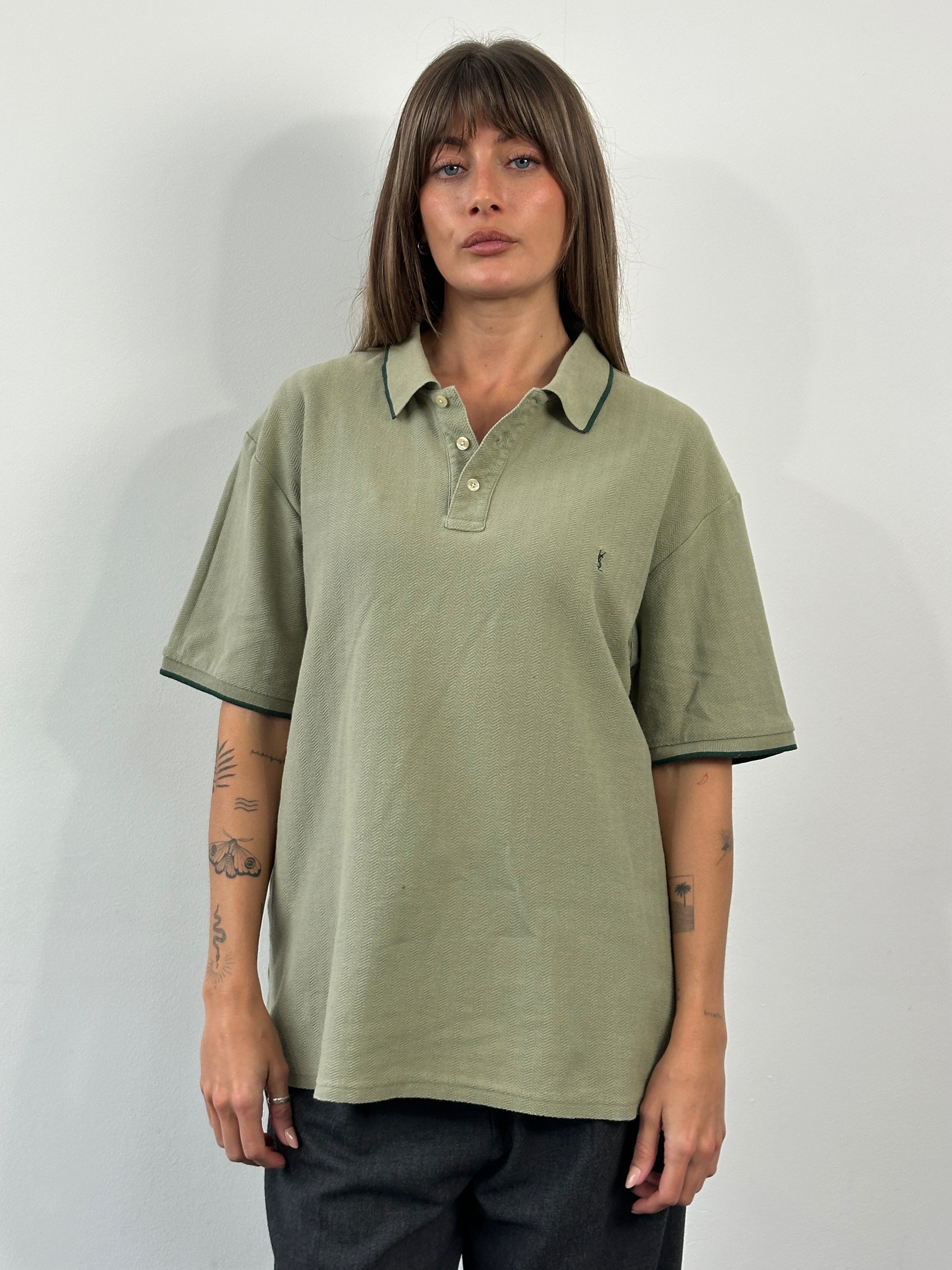 Yves Saint Laurent 1990s pure cotton logo polo shirt in XL, featuring classic collar and embroidered brand logo.