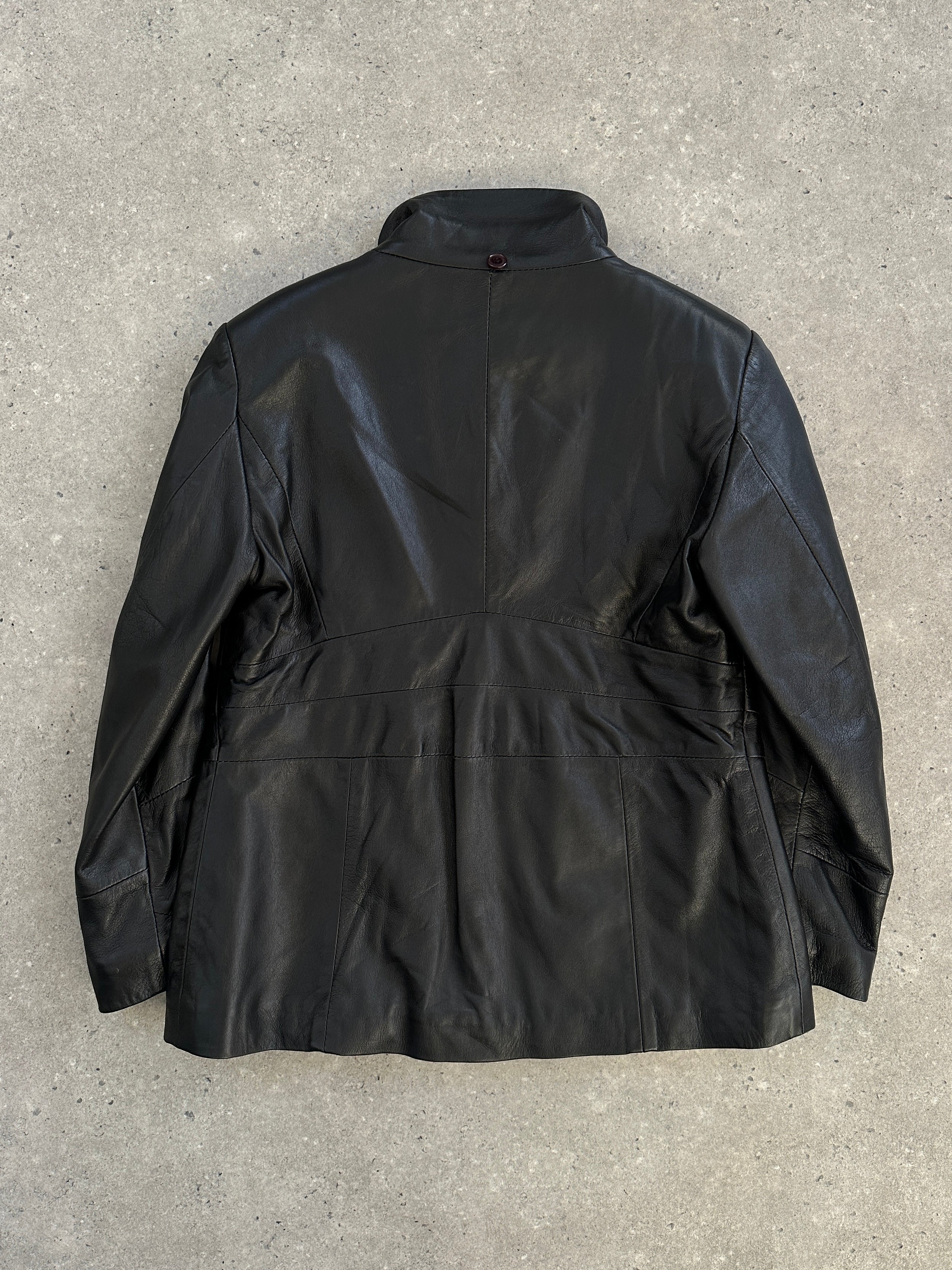 Italian vintage 1990s high neck leather jacket by Vintage, front view showing classic dark leather with high collar and zipper details.