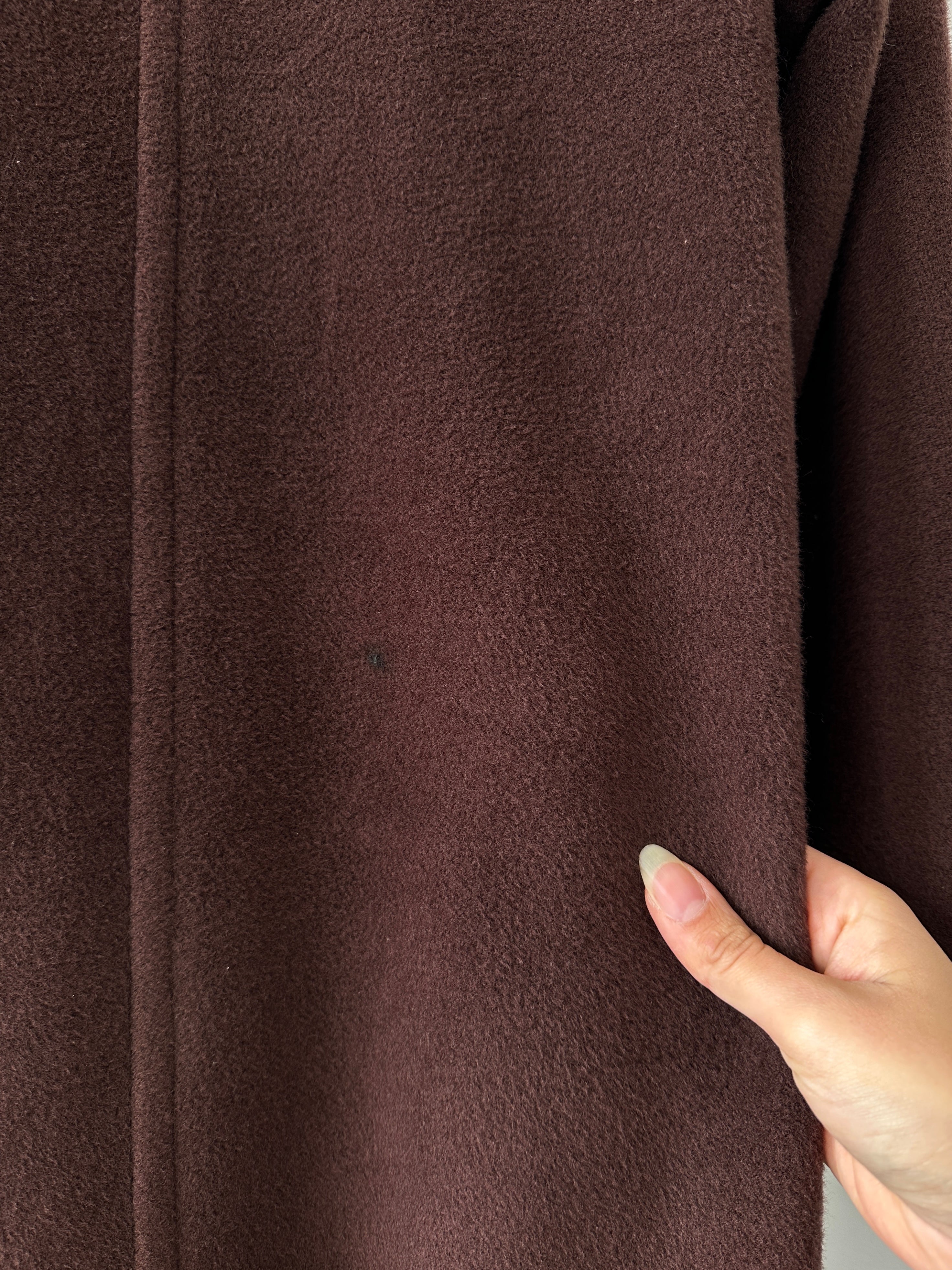 Marella wool cashmere double-breasted coat in size L, beige color, tailored style with wide lapels and button details.