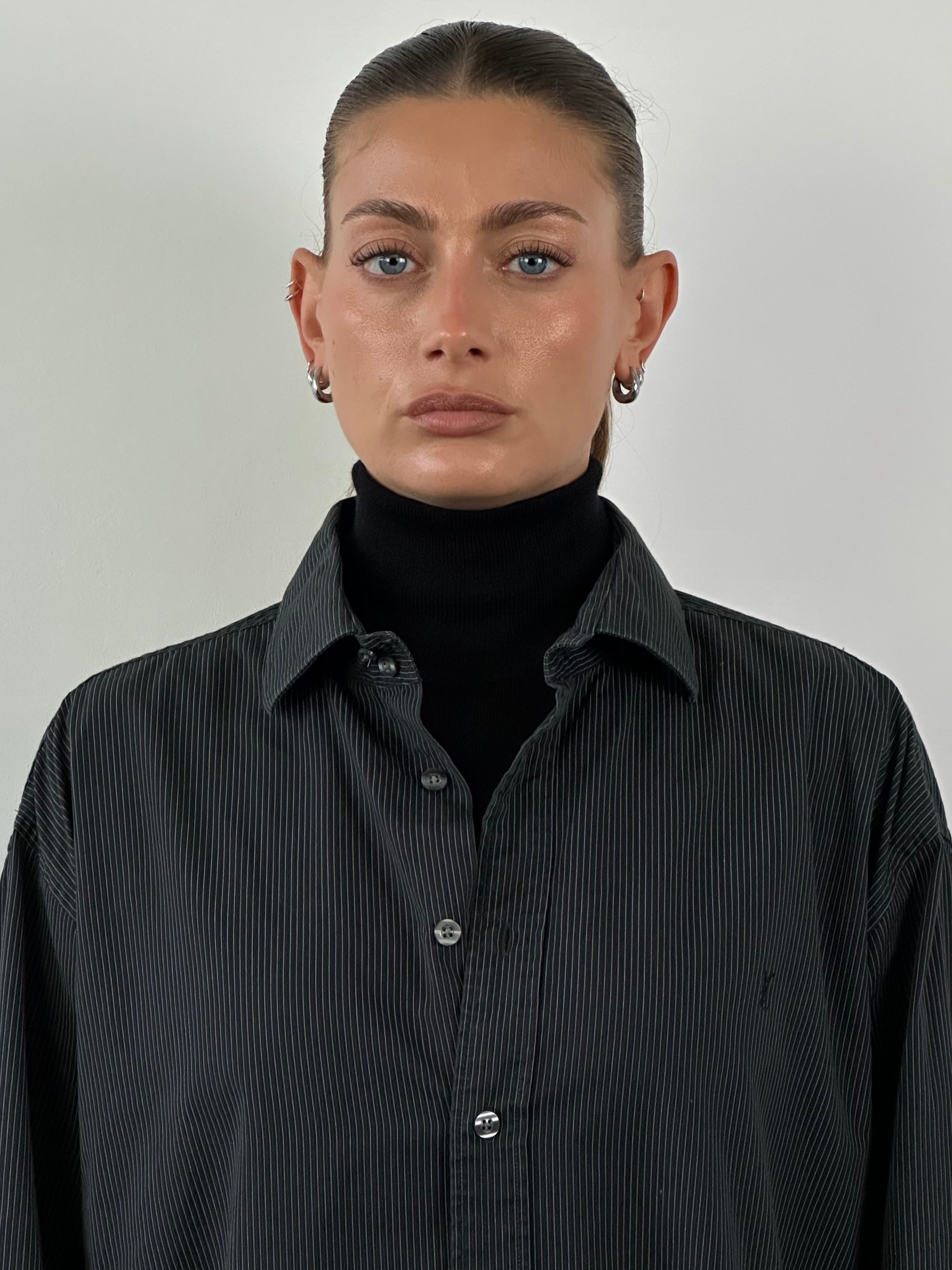 Yves Saint Laurent Pour Homme pure cotton stripe shirt in XL, shown on a hanger with a classic blue and white striped pattern.