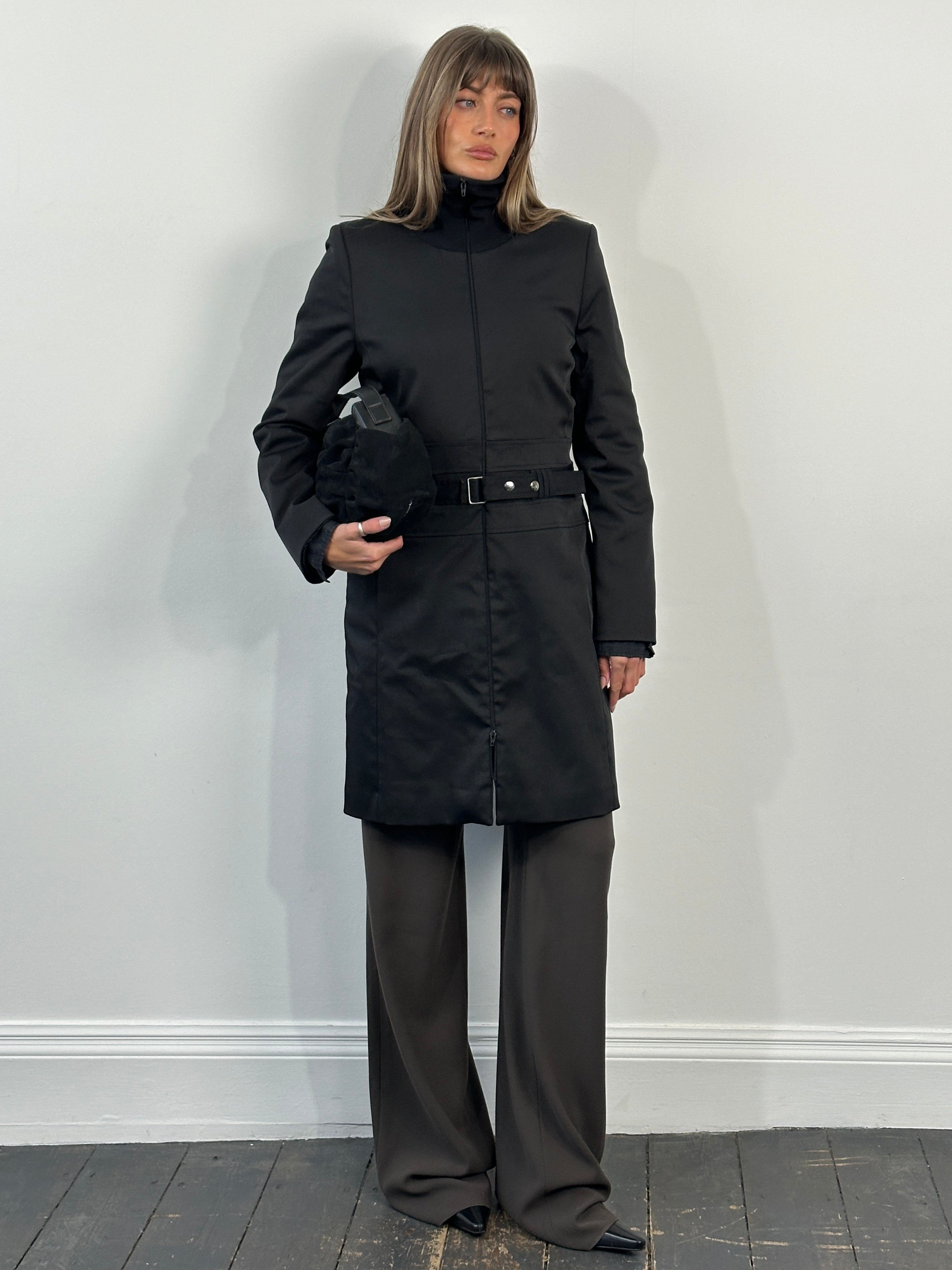 Vintage 1990s Funnel Neck Nylon Belted Trench Coat - M - SYLK