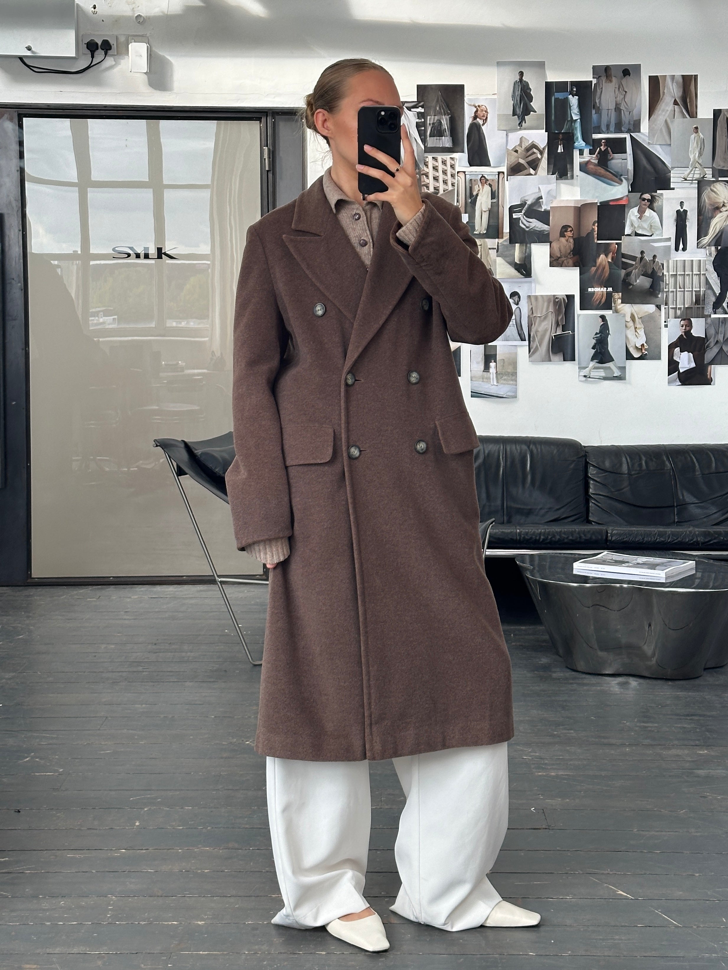 Sportmax 1990s wool double-breasted coat in size M/L, stylish vintage outerwear with classic design and warm fabric.