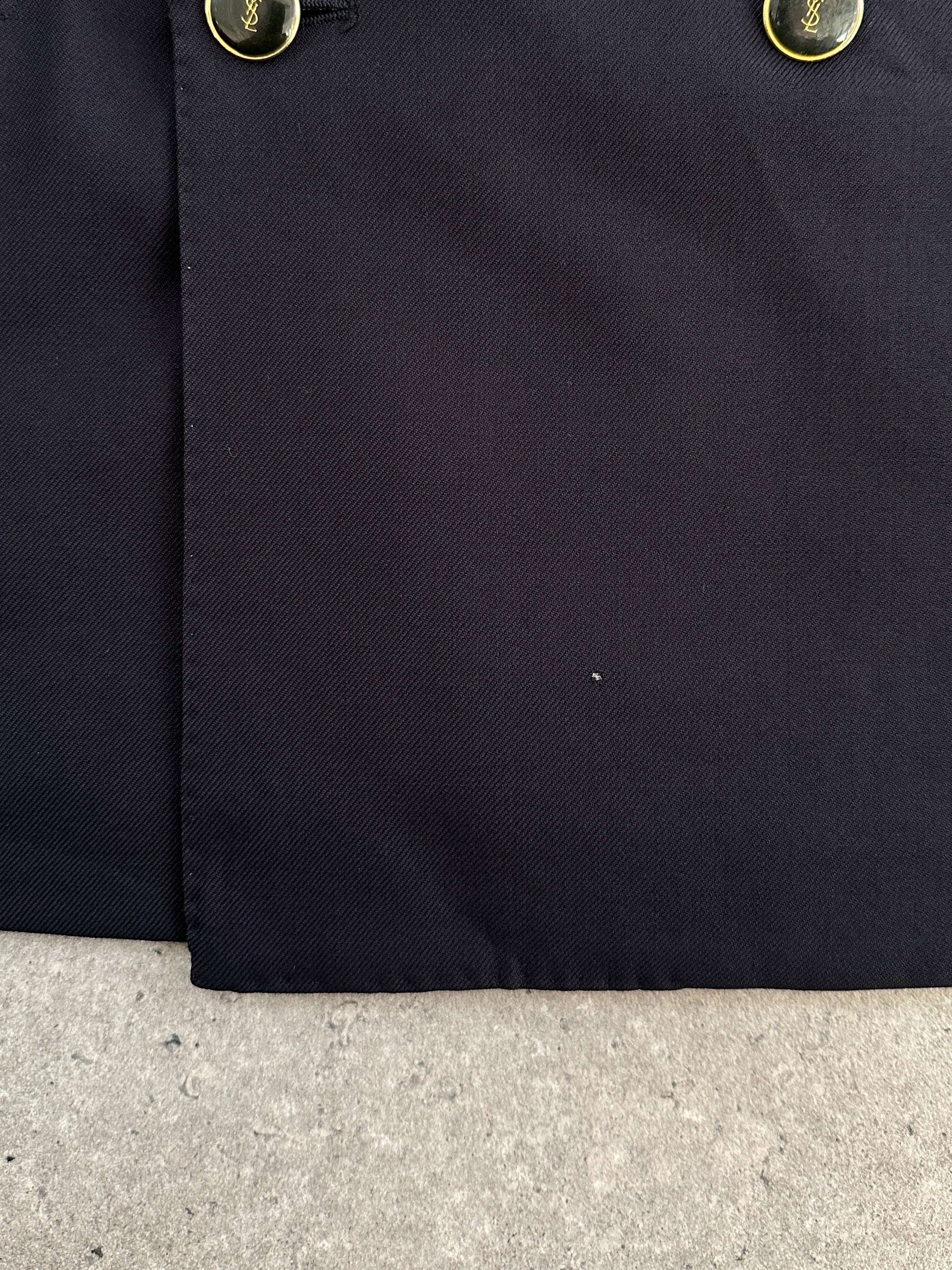Yves Saint Laurent 1990s bespoke button wool double-breasted blazer in navy, size 38R/M, with classic tailored fit.