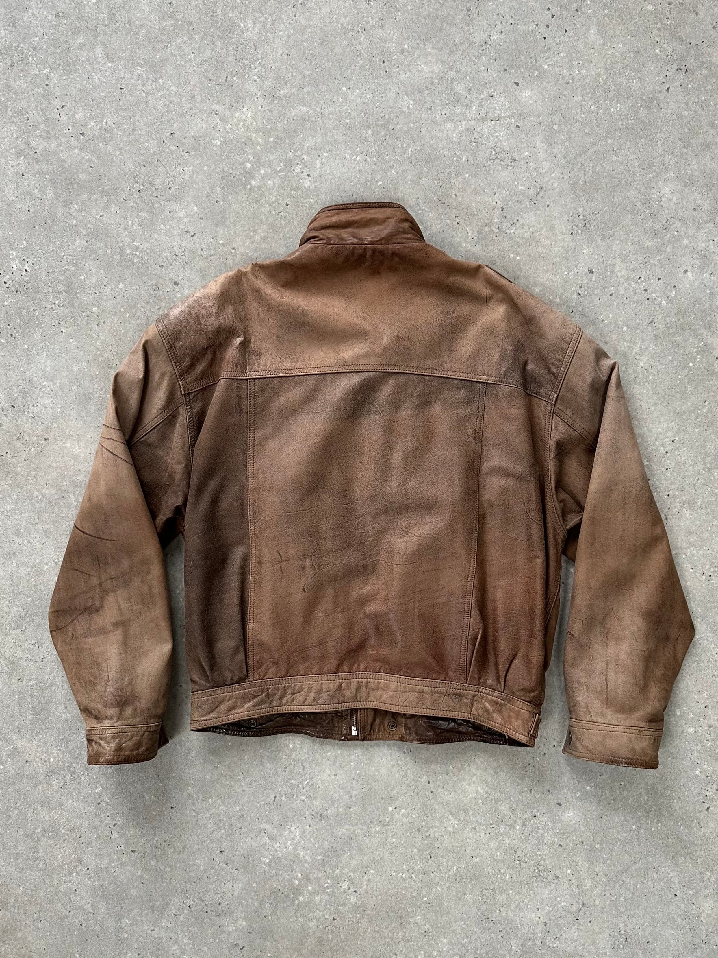 Vintage 1990s high neck aged leather bomber jacket in size M/L, featuring rugged leather and classic design details.