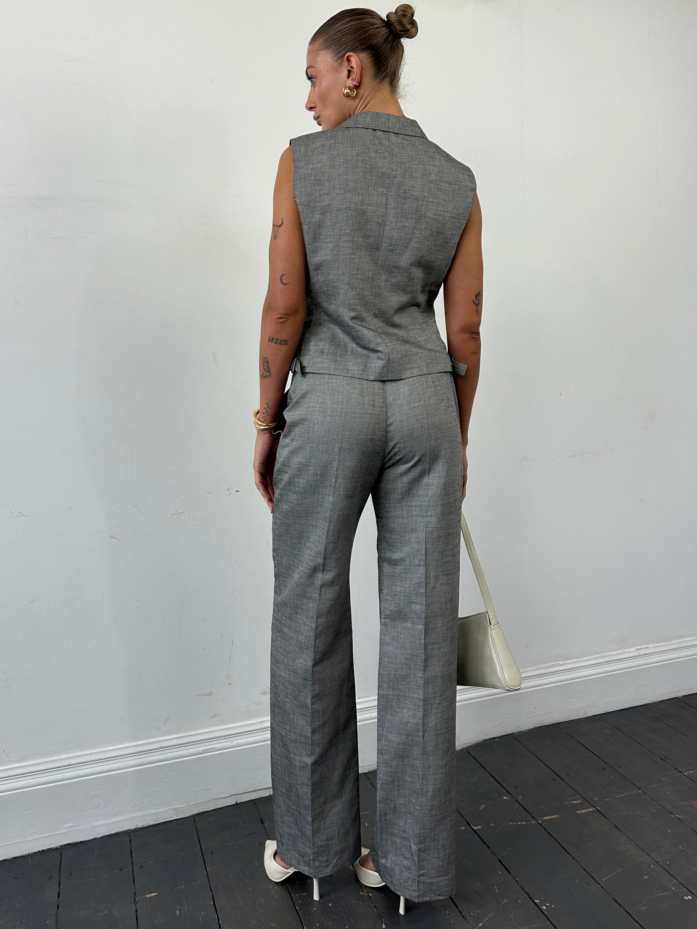 Max Mara linen cotton two-piece waistcoat and trousers co-ord set, featuring tailored fit in a neutral color.