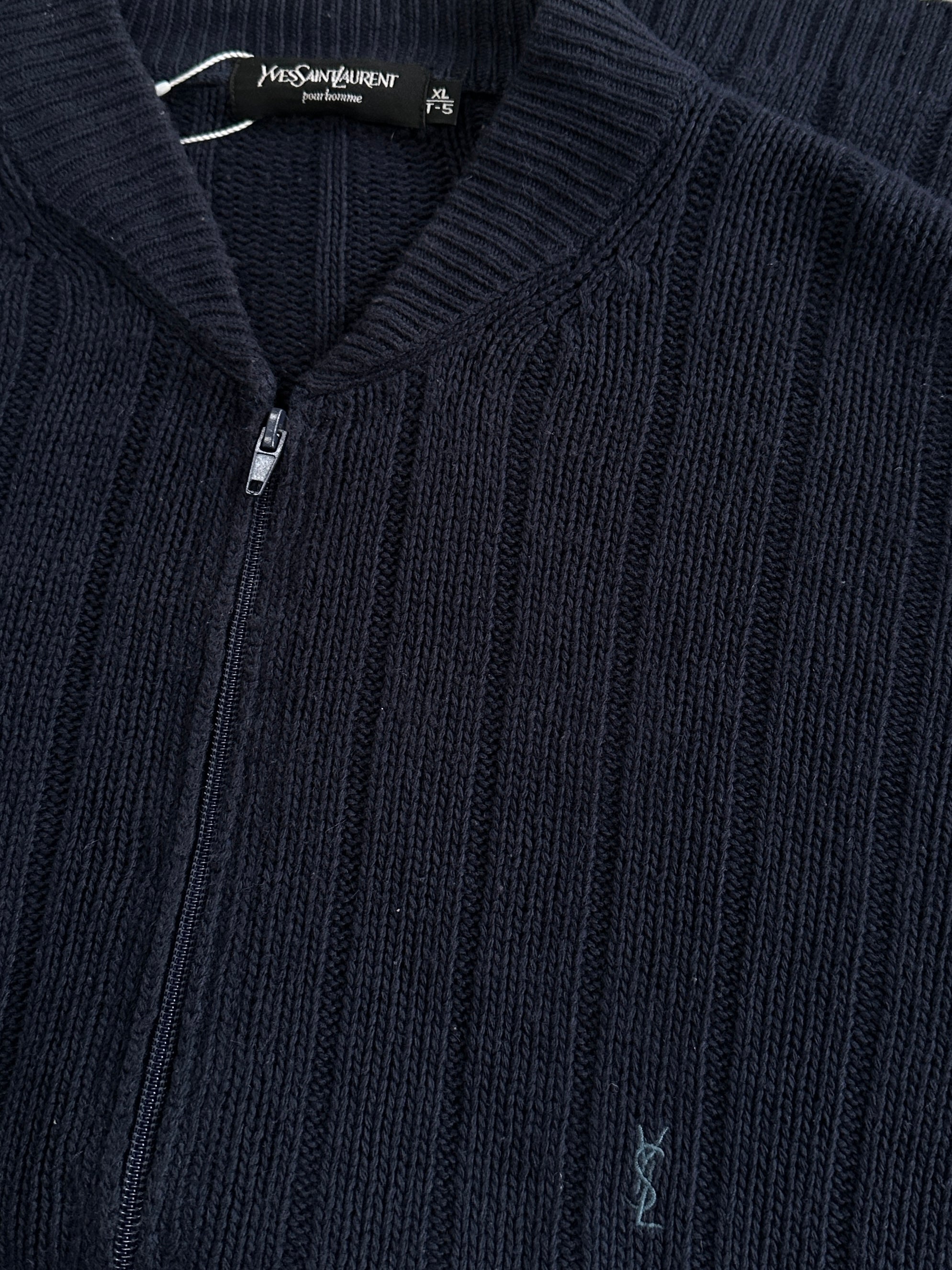 Yves Saint Laurent Pour Homme XXL lambswool knitted cardigan with logo detail, soft texture, and button closure.