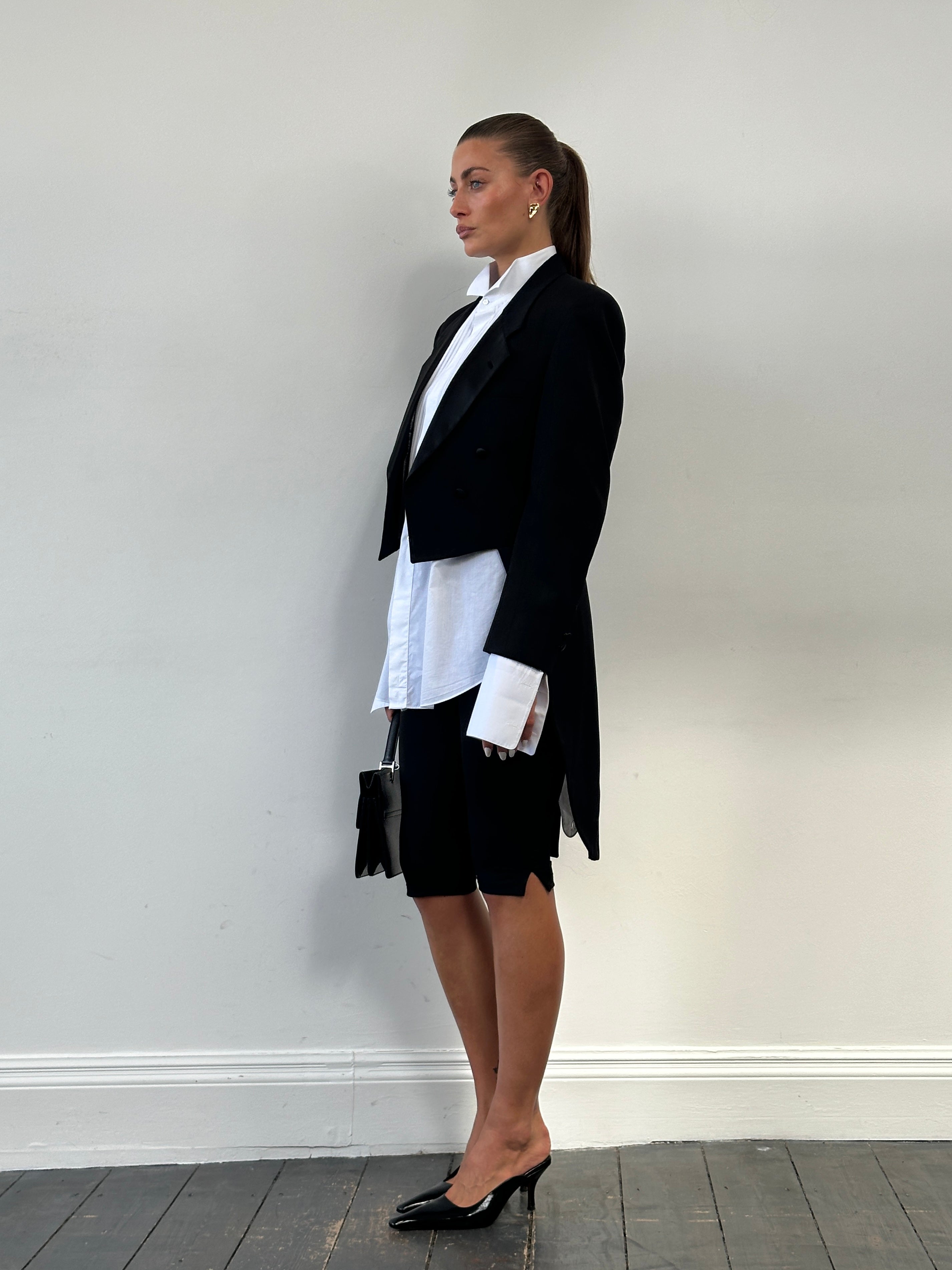 Christian Dior Monsieur 80s double-breasted tuxedo tailcoat blazer, tailored fit, black fabric, classic formal men's tuxedo jacket.