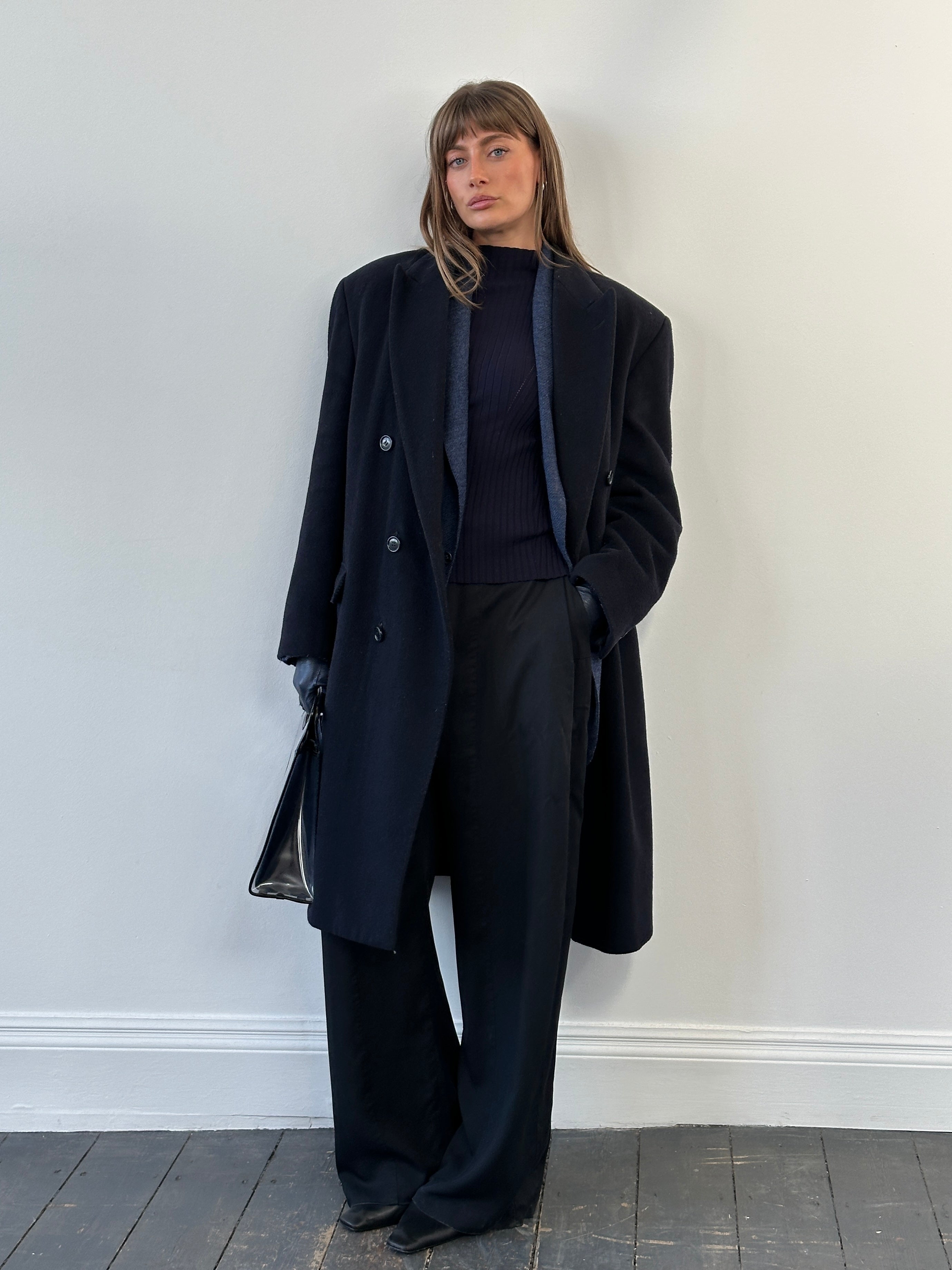 Vintage British 1990s Savoy Taylors Guild wool cashmere coat in XL/XXL, showing classic tailored design and rich fabric texture.