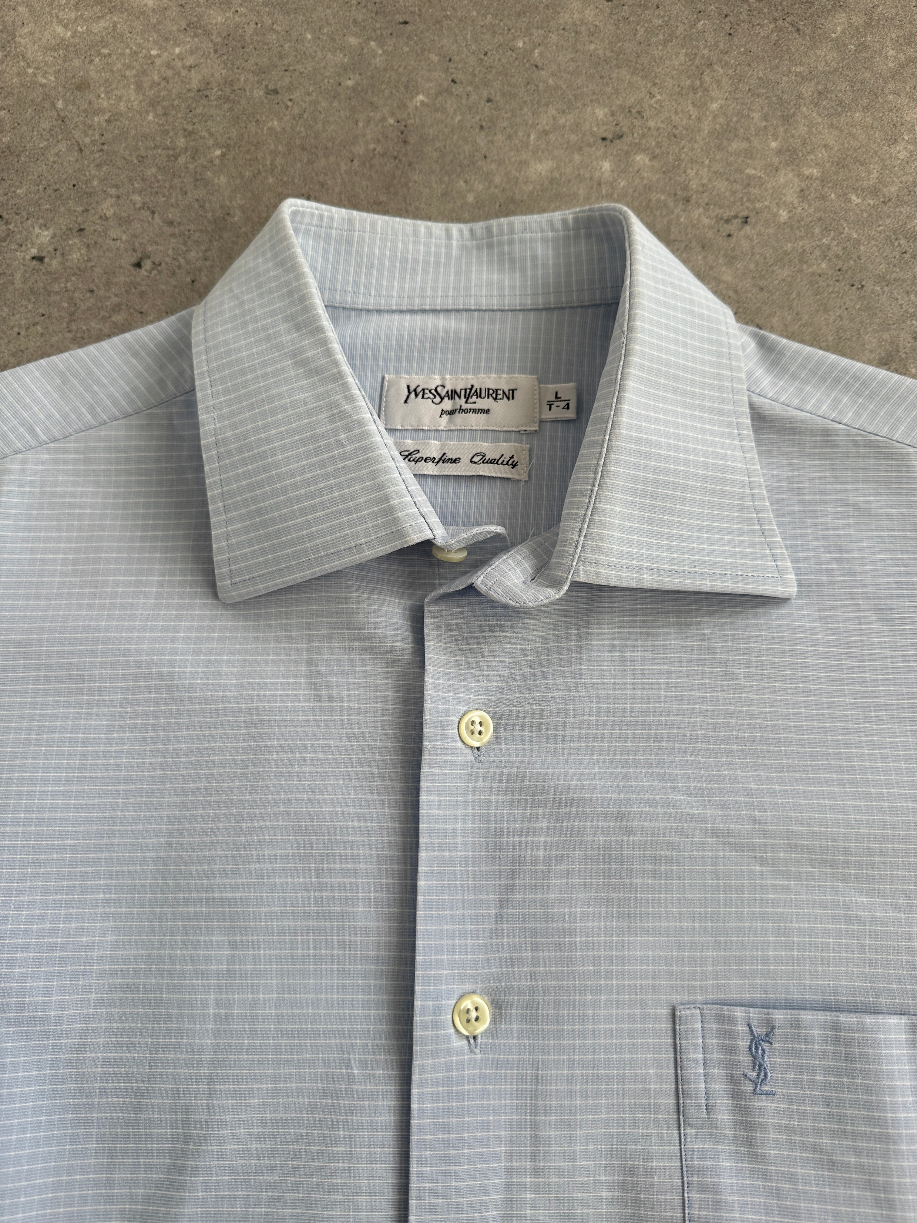 Yves Saint Laurent Pour Homme 1990s cotton check logo shirt in size L, featuring a classic check pattern and YSL branding.