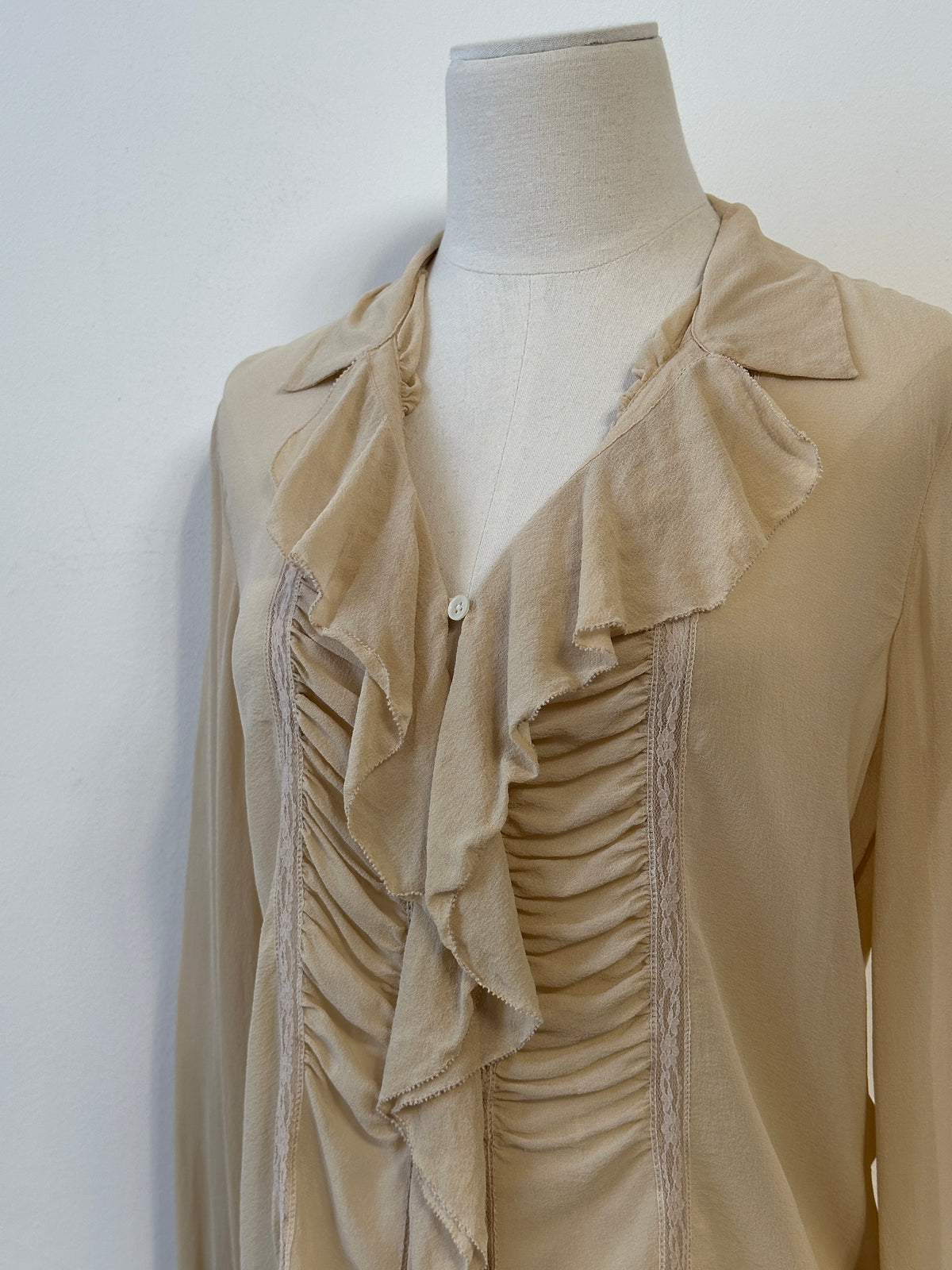 Donna Karan 2000s Pure Silk Sheer Ruffle Shirt - S