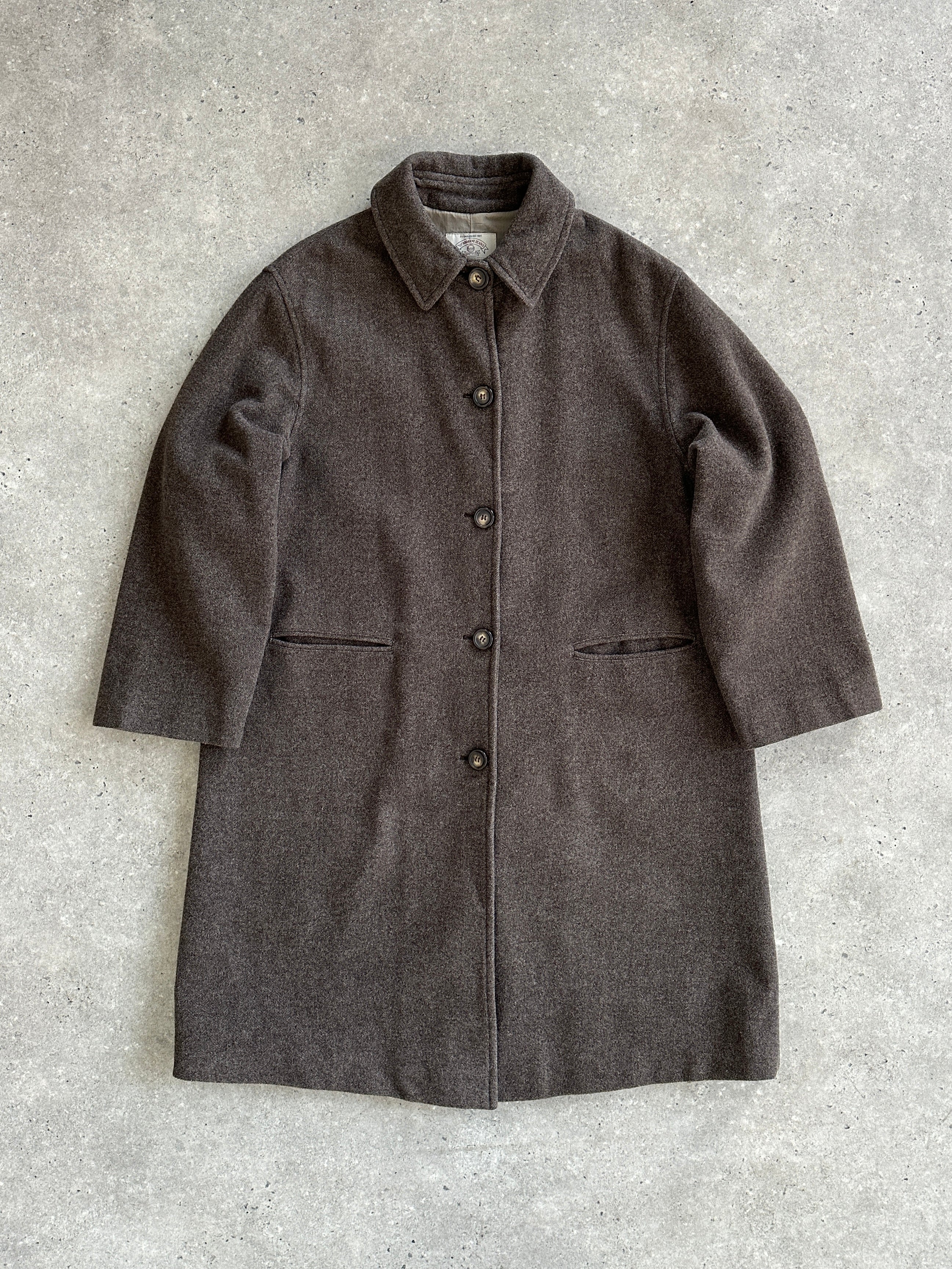Armani Jeans pure virgin wool single-breasted coat in size L, shown in a stylish neutral color, tailored fit with classic lapel collar.