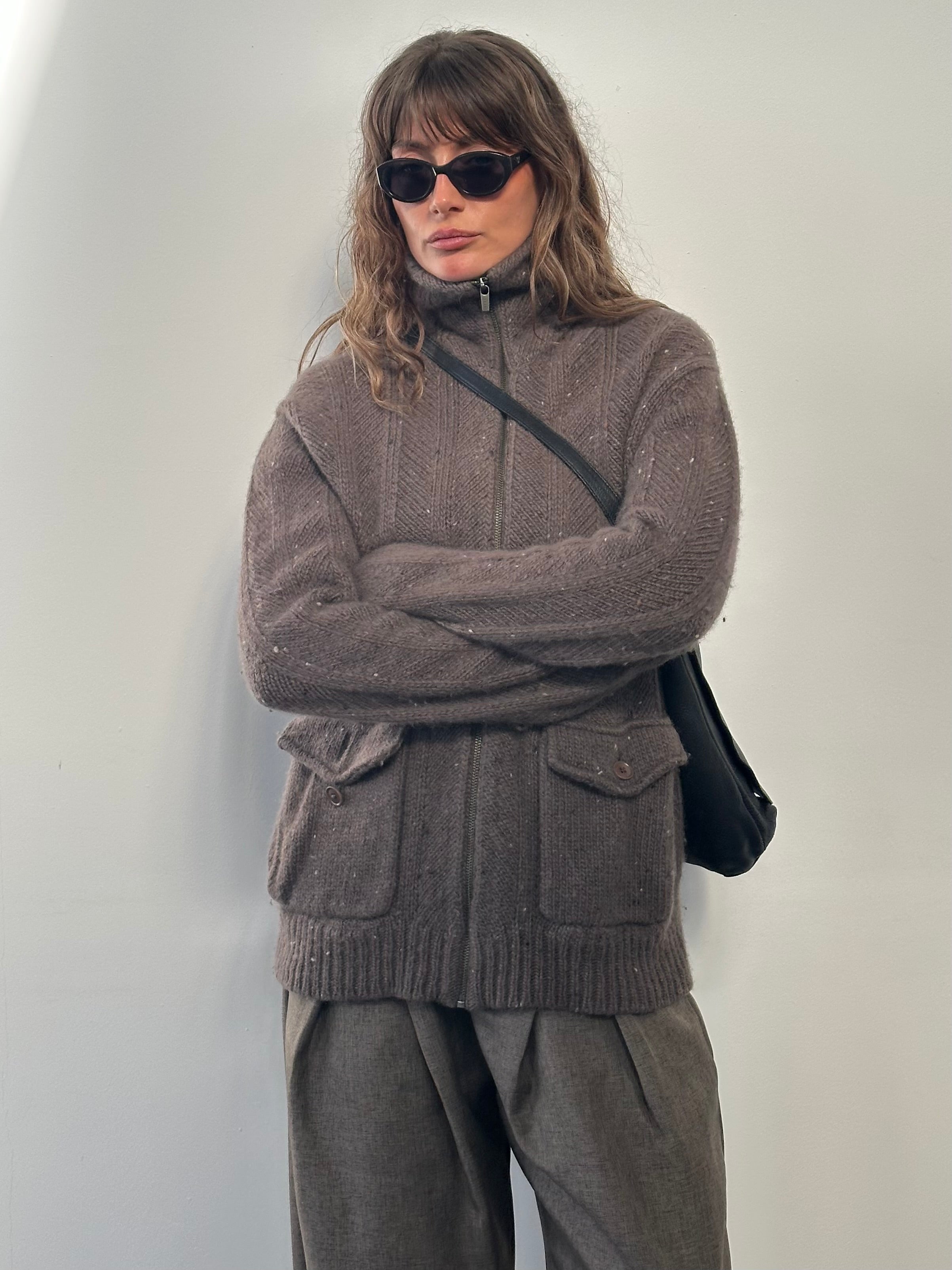 Nicole Farhi 1990s pure wool funnel neck bomber jacket in navy, featuring a classic fit and zip closure.