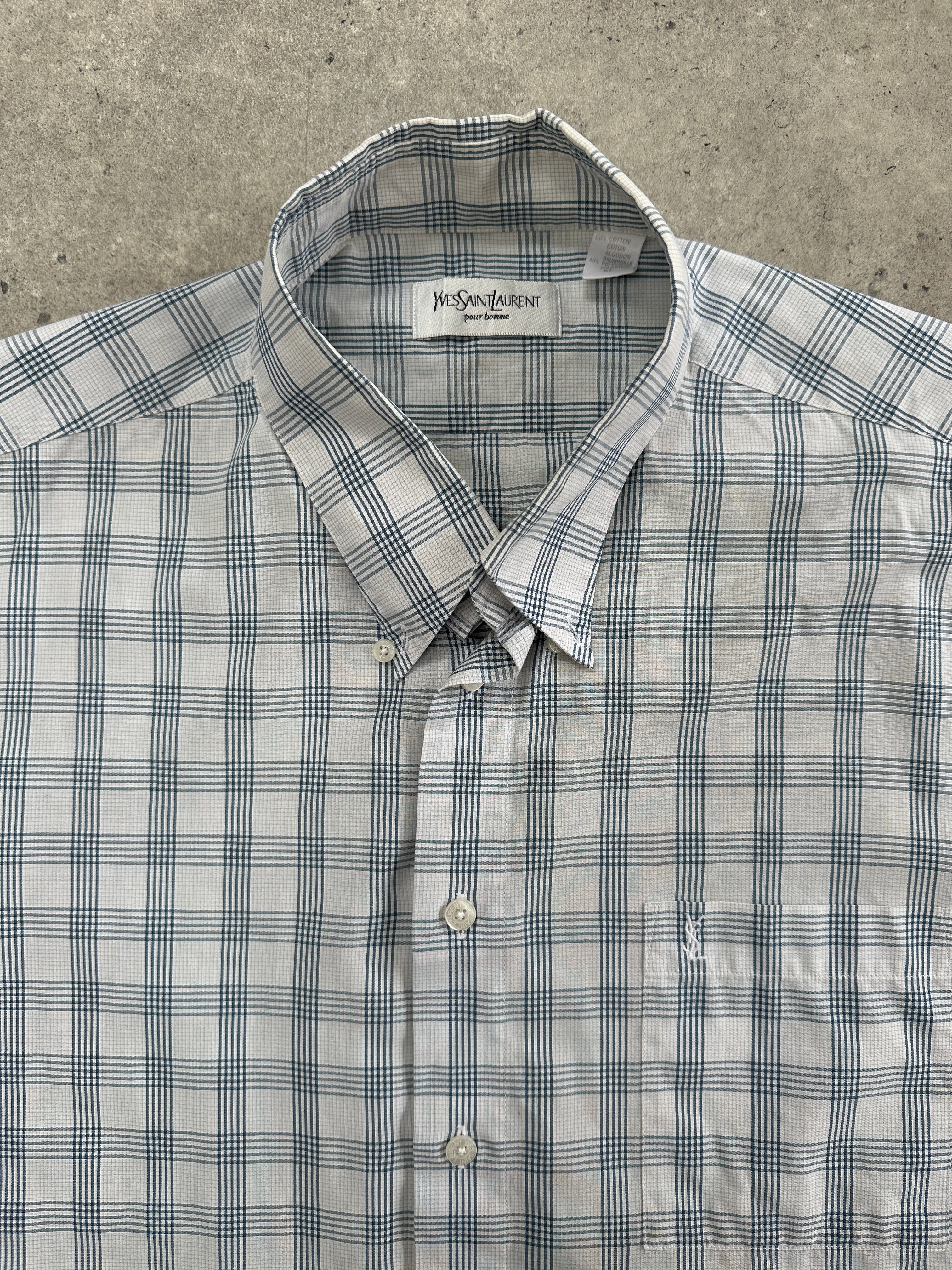 Yves Saint Laurent Pour Homme cotton check short sleeve logo shirt in XL, featuring a classic plaid pattern and brand logo detail.