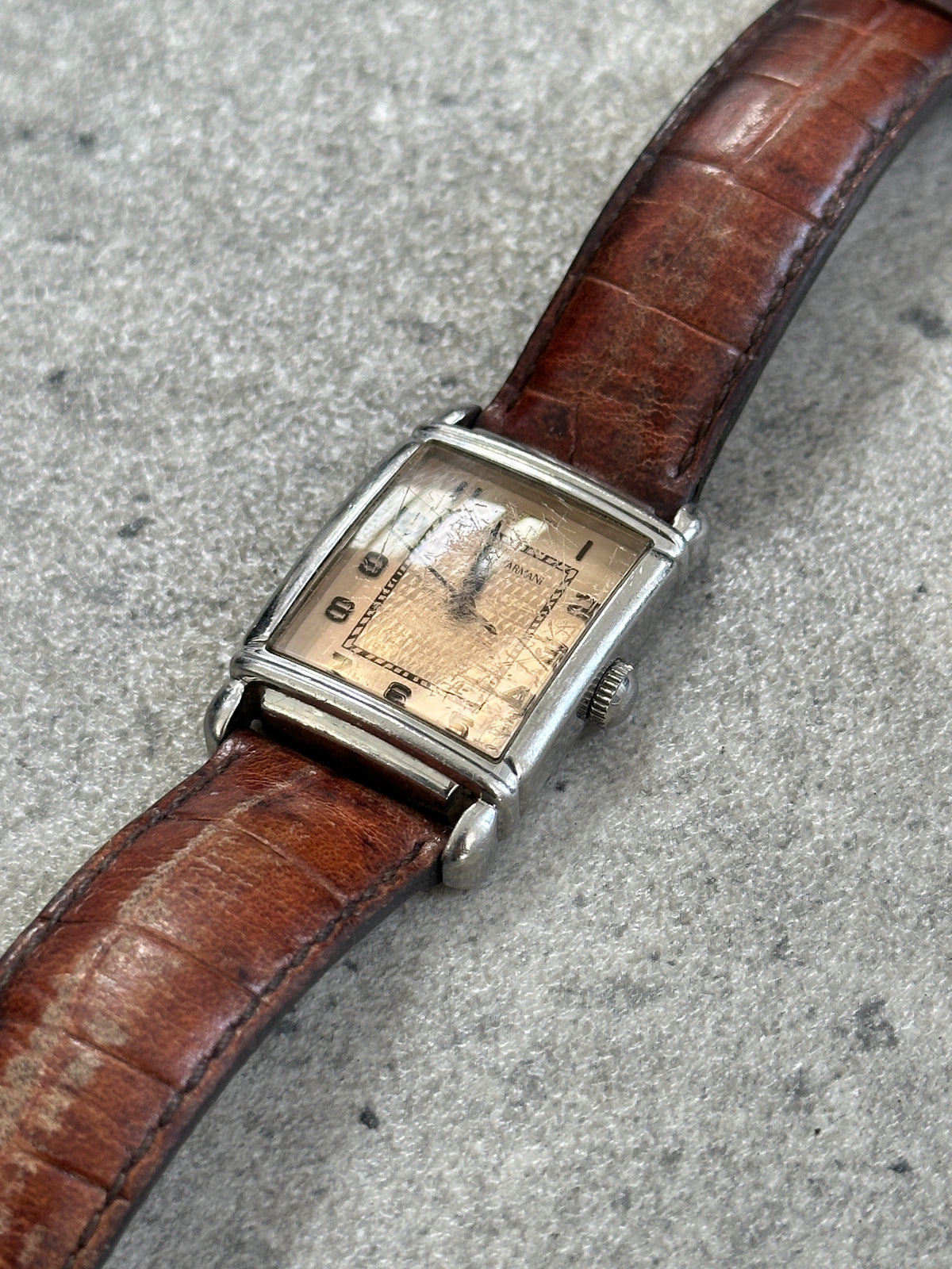 Emporio Armani 2000s leather rectangular quartz watch with silver dial and black leather strap, stylish men's wristwatch.