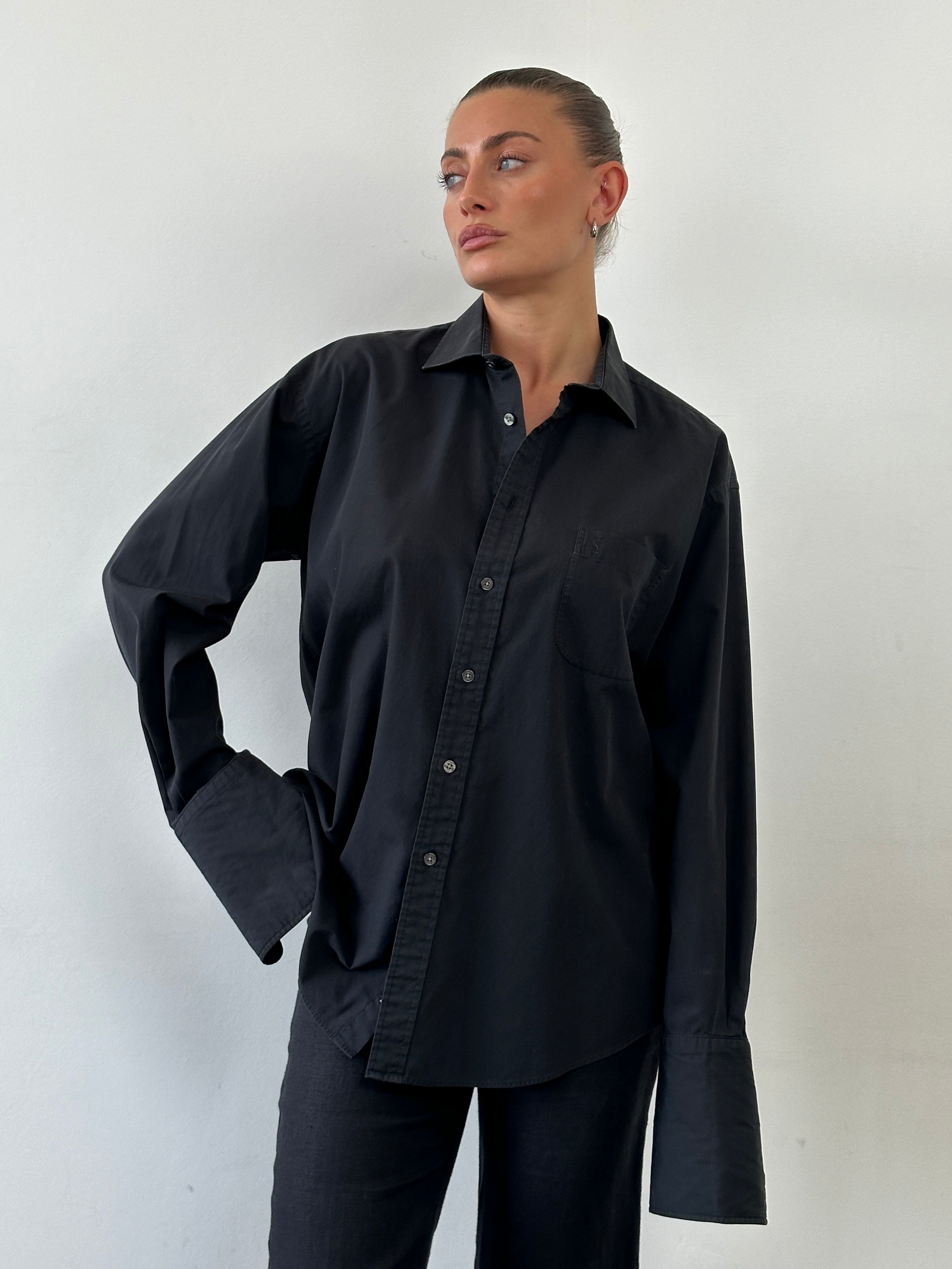 Yves Saint Laurent Pour Homme cotton logo dress shirt in size L/XL, featuring a classic button-up design with YSL branding.