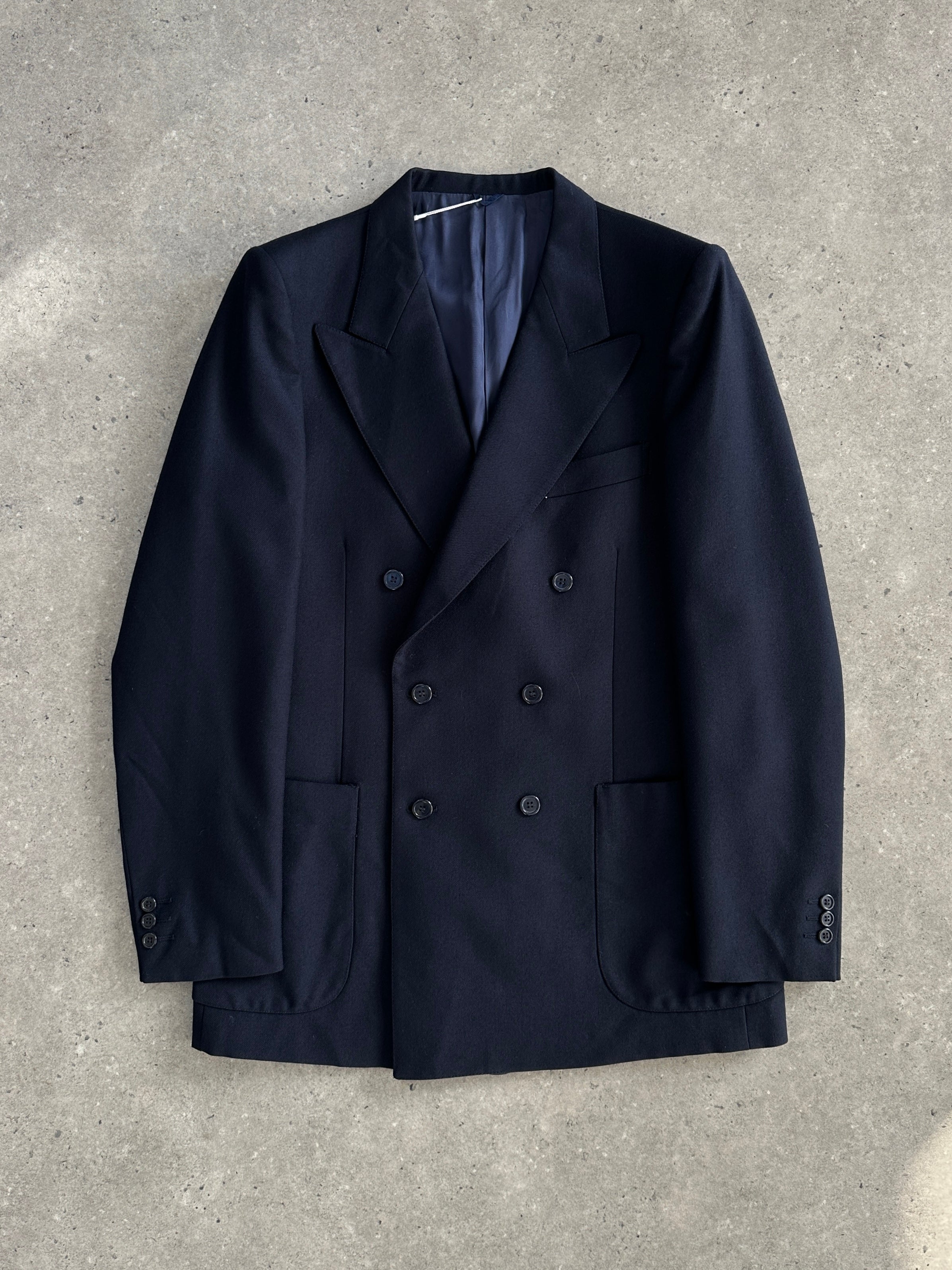 Vintage Italian double-breasted wool blazer in size M, classic tailored design with lapels and button details.