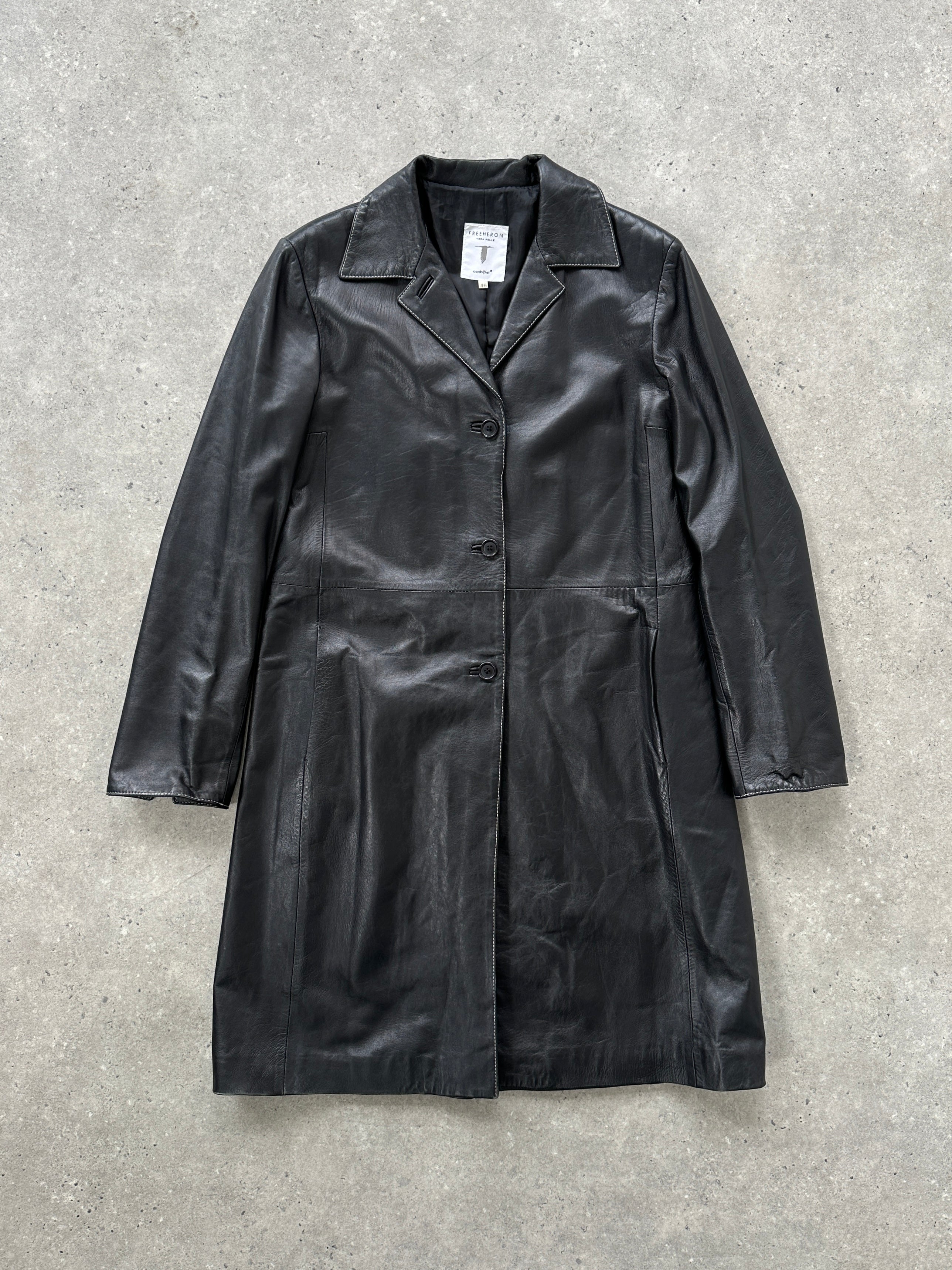 Conbipel contrast stitch leather trench coat in black, tailored jacket with stylish details, available in M/L size.