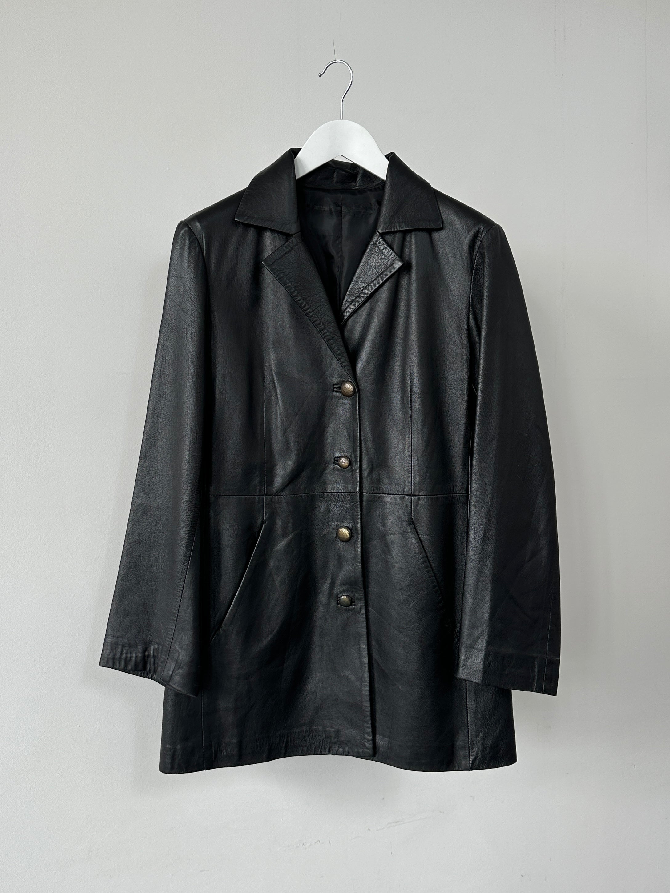 Vintage Italian longline leather jacket in smooth leather, stylish and classic, front view showcasing the tailored design.