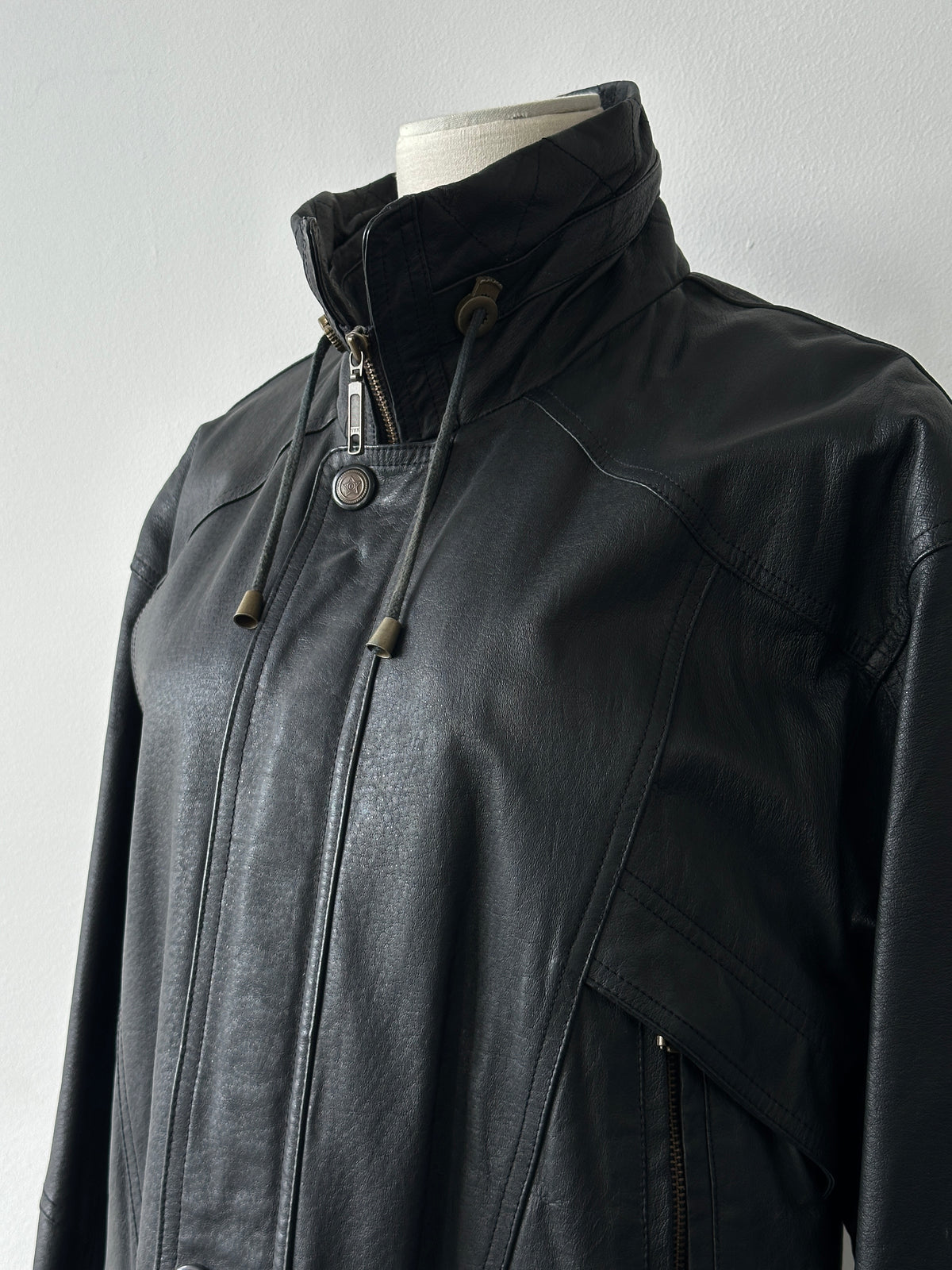 Vintage 1990s High Neck Mid Length Leather Jacket - L
