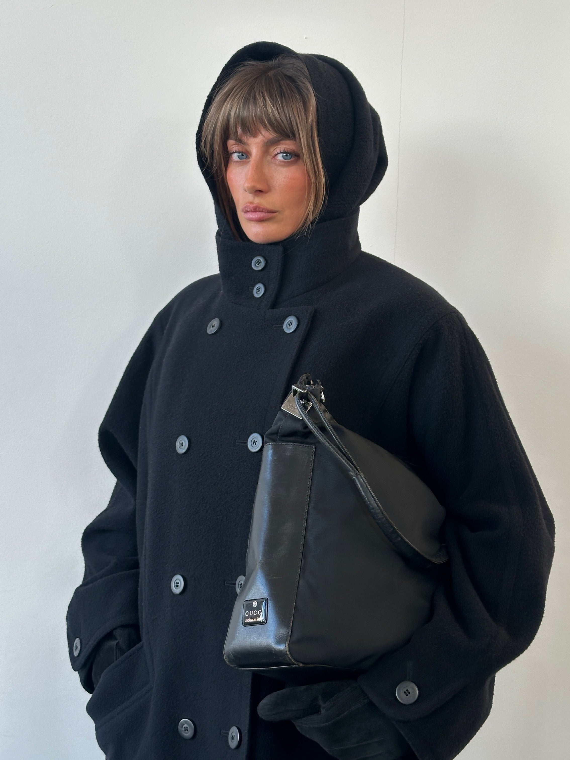 St Michael 1980s pure wool high neck double-breasted coat in XL, showcasing classic design and textured fabric.