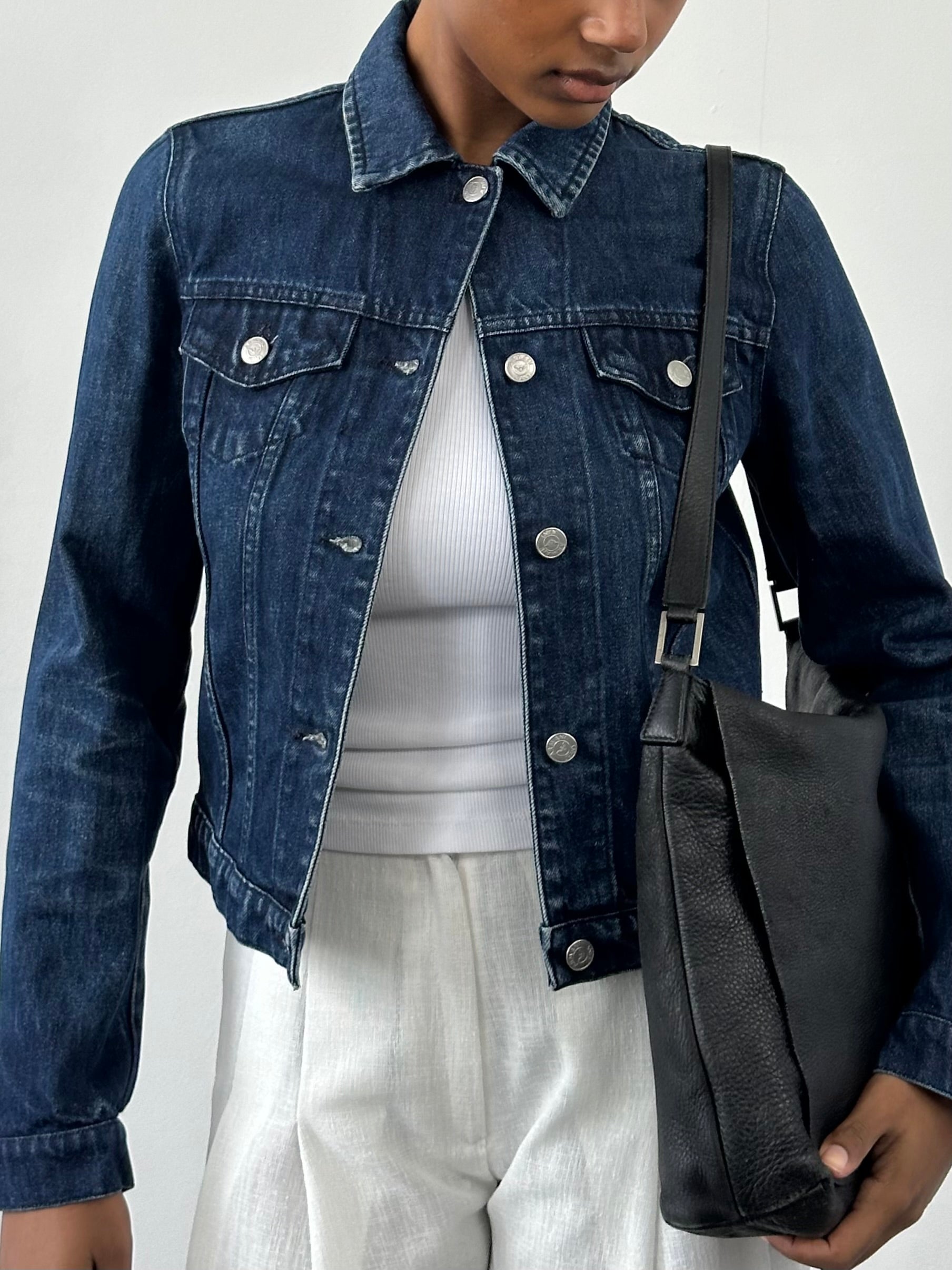 Armani Jeans 2000s mid wash denim jacket in XS/S size, featuring classic styling and button-front closure.