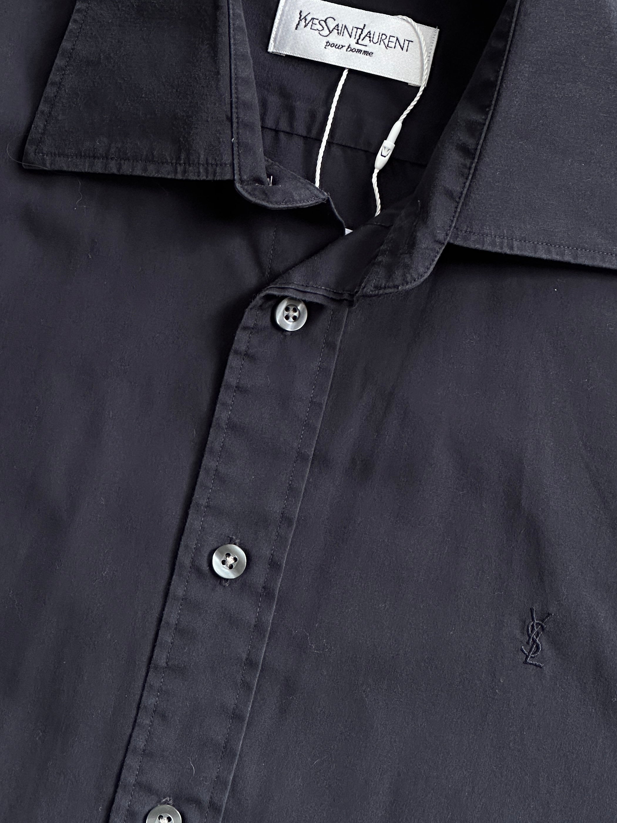Yves Saint Laurent Pour Homme cotton logo dress shirt, white with subtle branding, tailored fit, and classic collar.