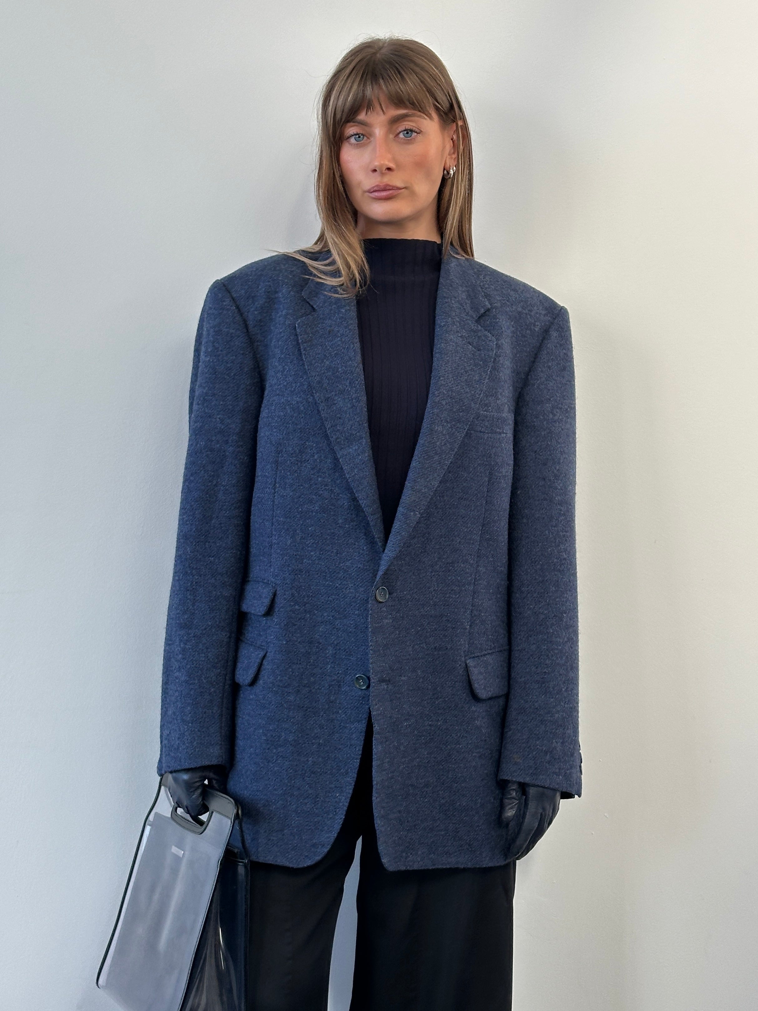 Burberry 1990s pure brushed wool blazer in size 44R/XL, tailored fit with classic check pattern and structured lapels.