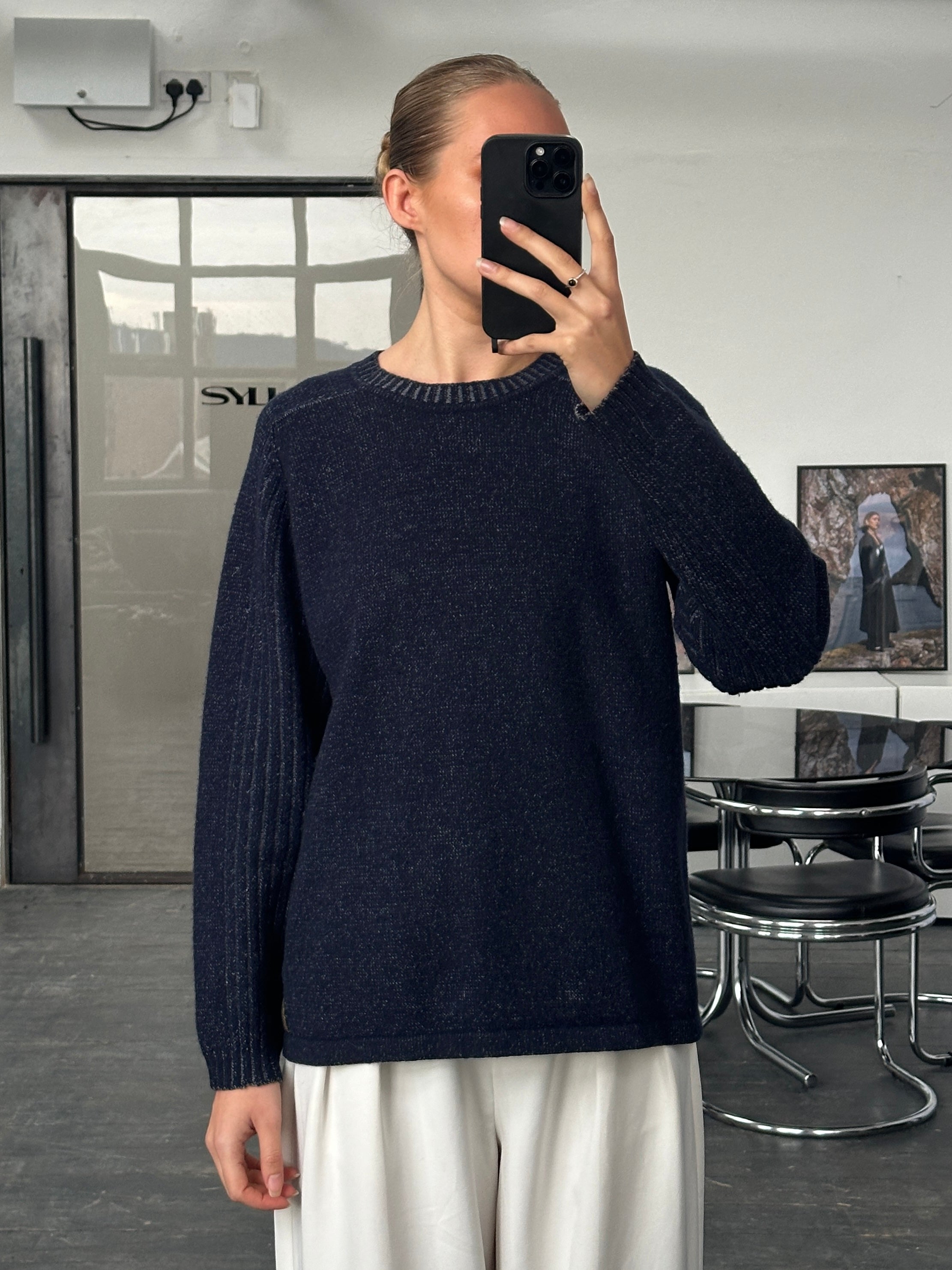 Armani Jeans 2000s wool knitted logo jumper in size M, featuring a cozy knit design and Armani branding on the front.