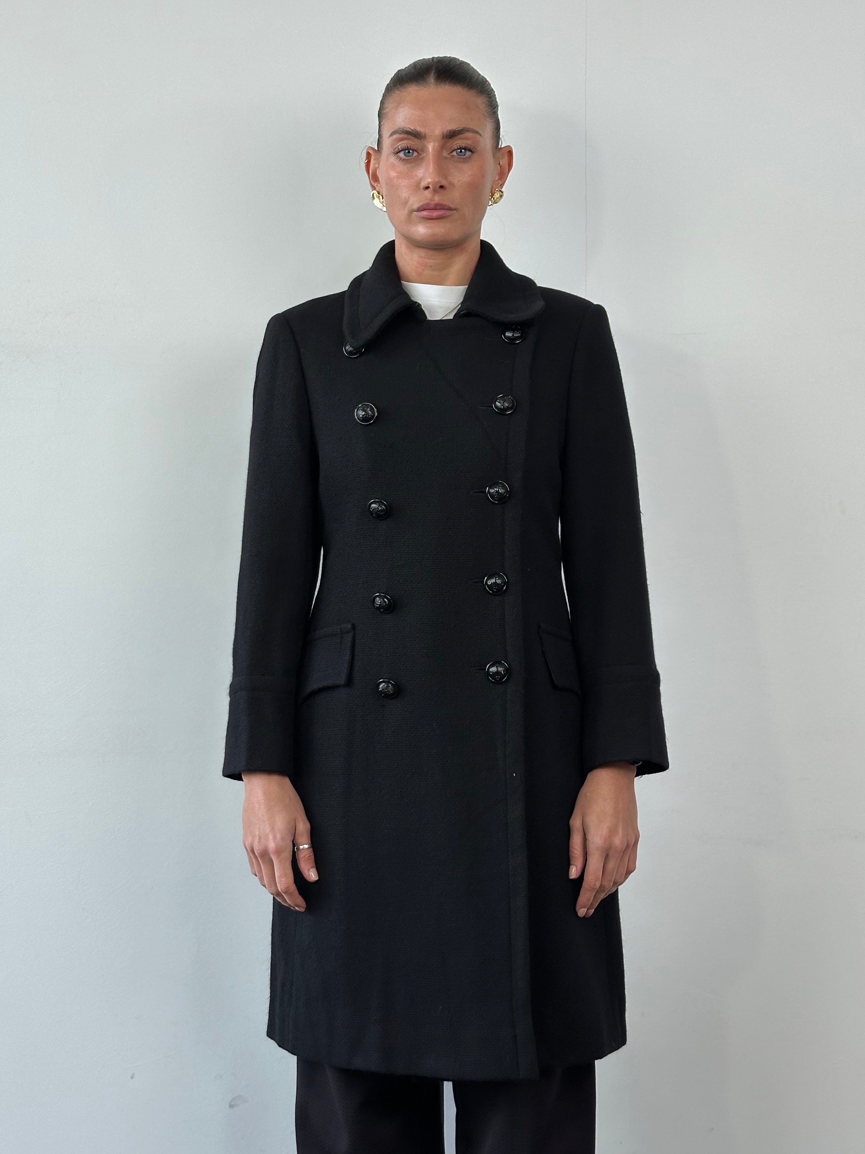 Moschino Cheap & Chic double-breasted coat in size M, stylish outerwear with classic design and button details.