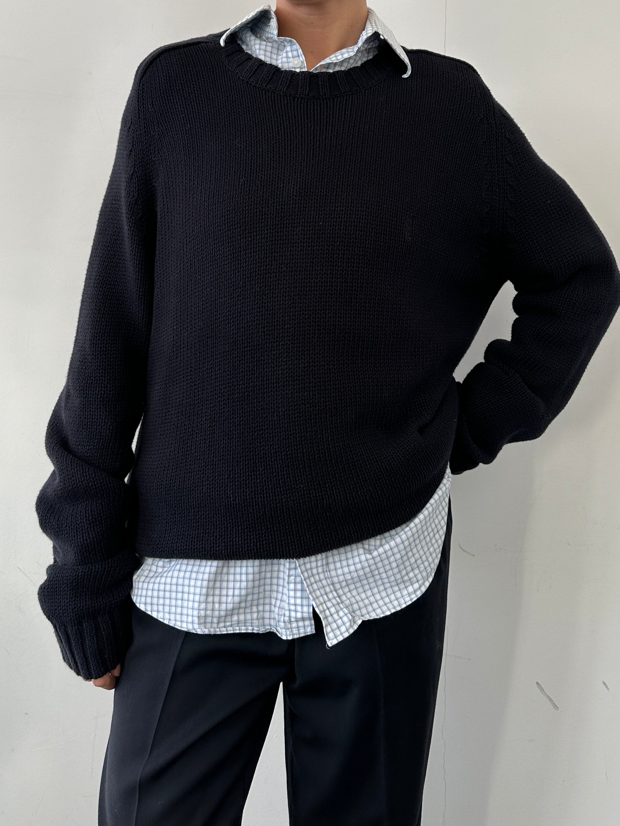 Yves Saint Laurent knitted cotton logo jumper in XL/XXL, featuring the iconic YSL logo on a stylish knit sweater.