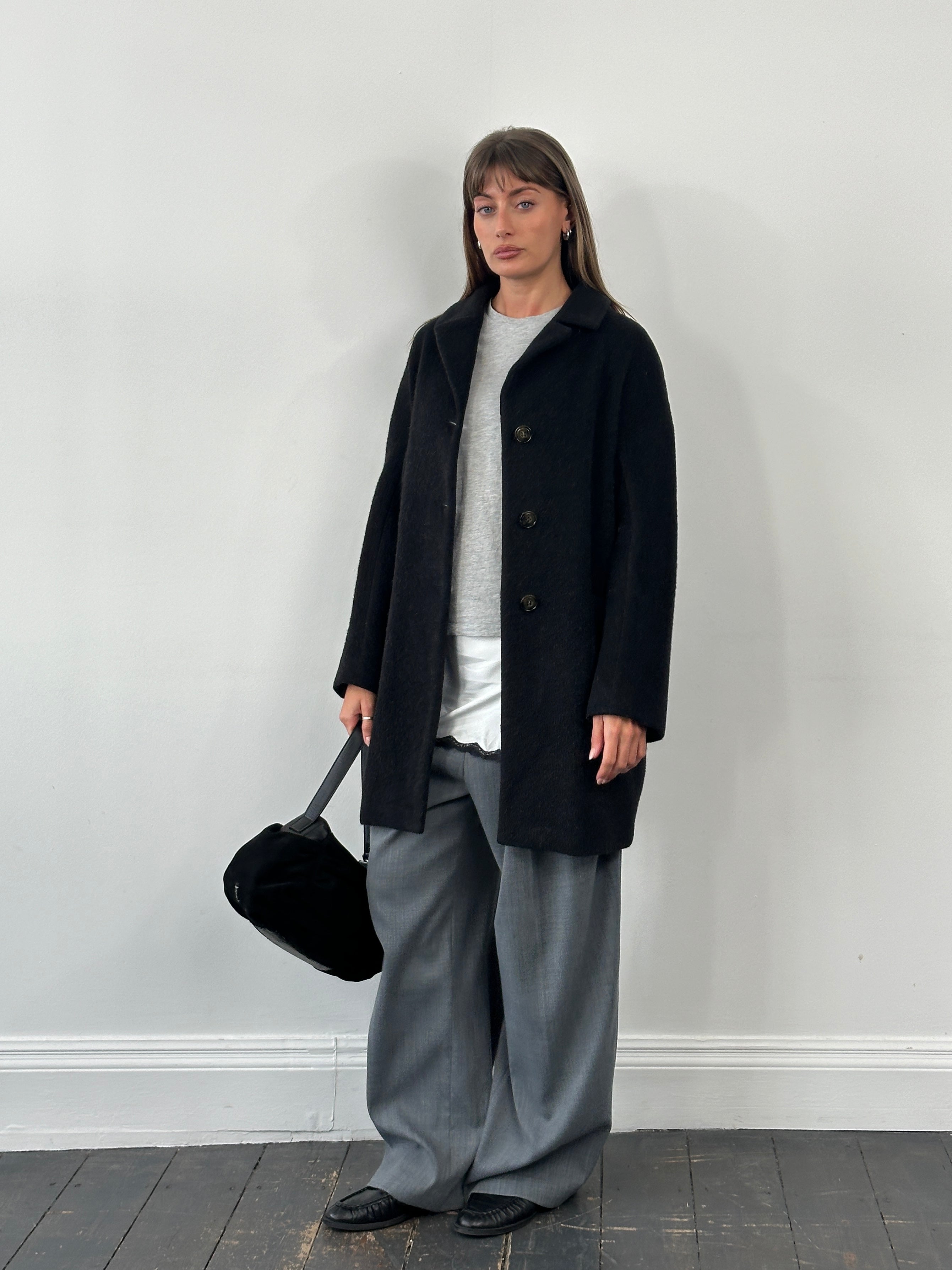 Max Mara Weekend 1990s wool and mohair single-breasted coat in size M/L, shown on a hanger with a neutral background.
