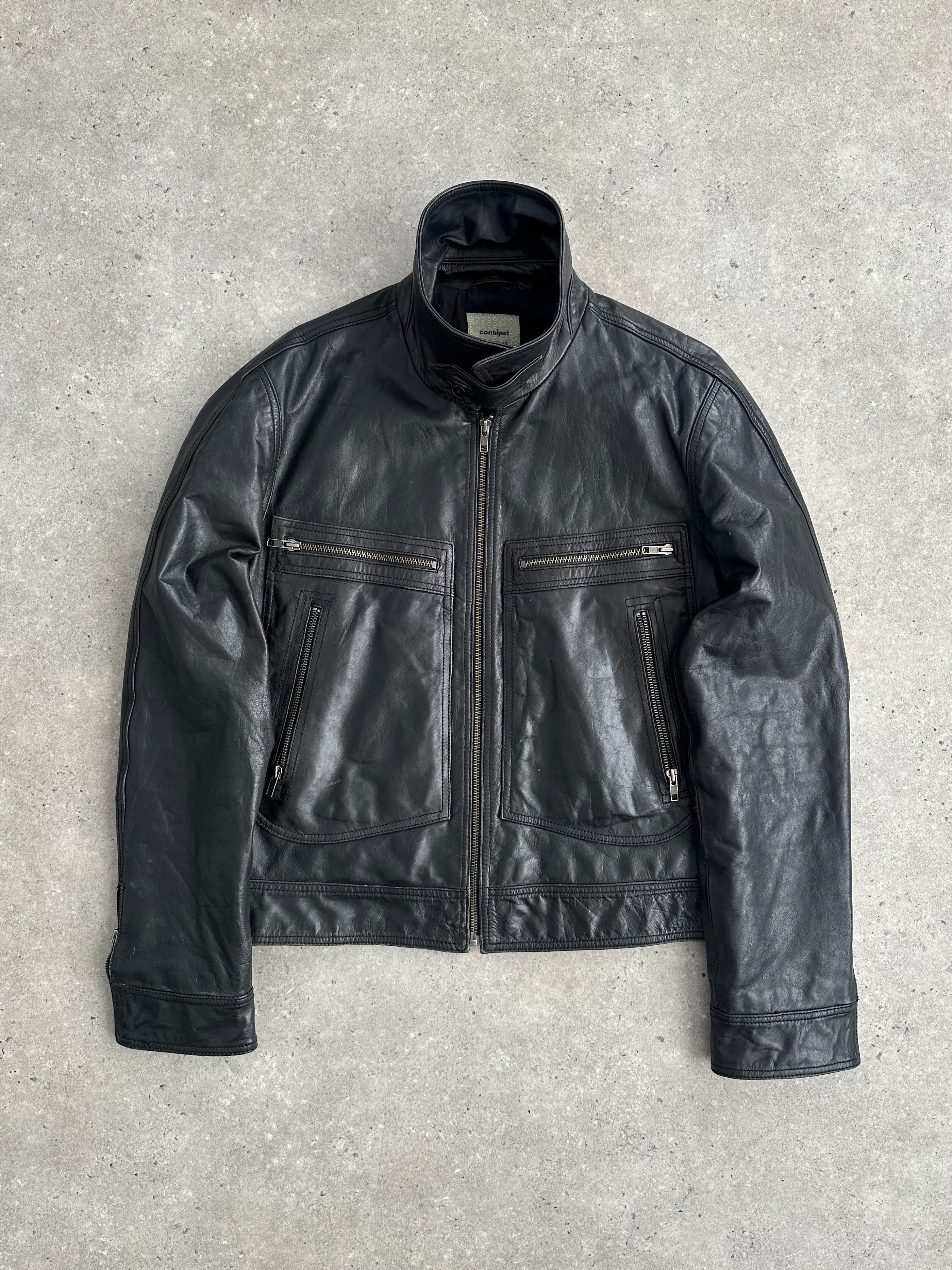 Conbipel high neck leather jacket in size M, featuring a sleek design with a high collar and smooth black leather.