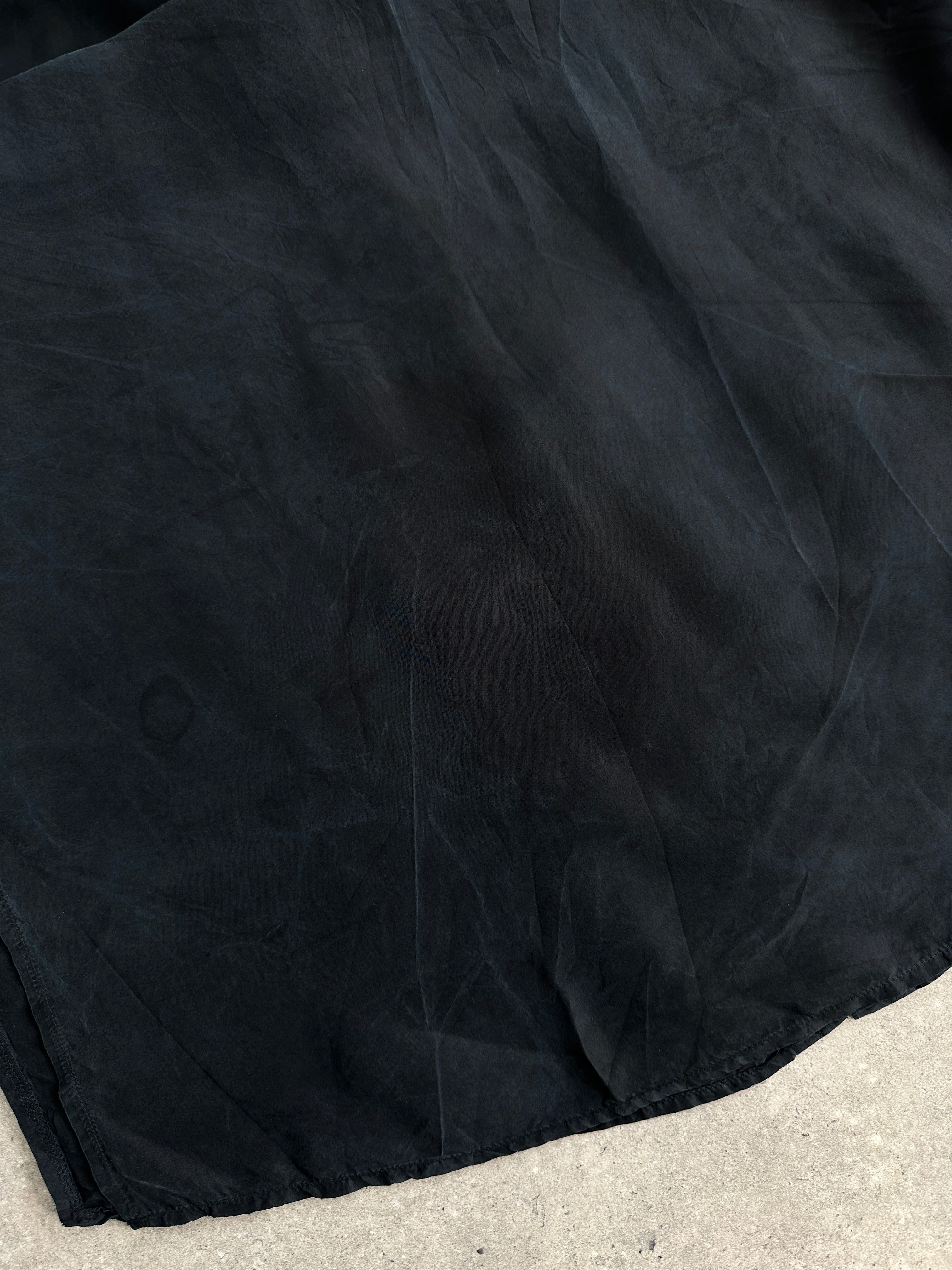 Vintage pure silk short sleeve shirt in size XL, featuring a classic design and smooth fabric, displayed flat for detailed view.