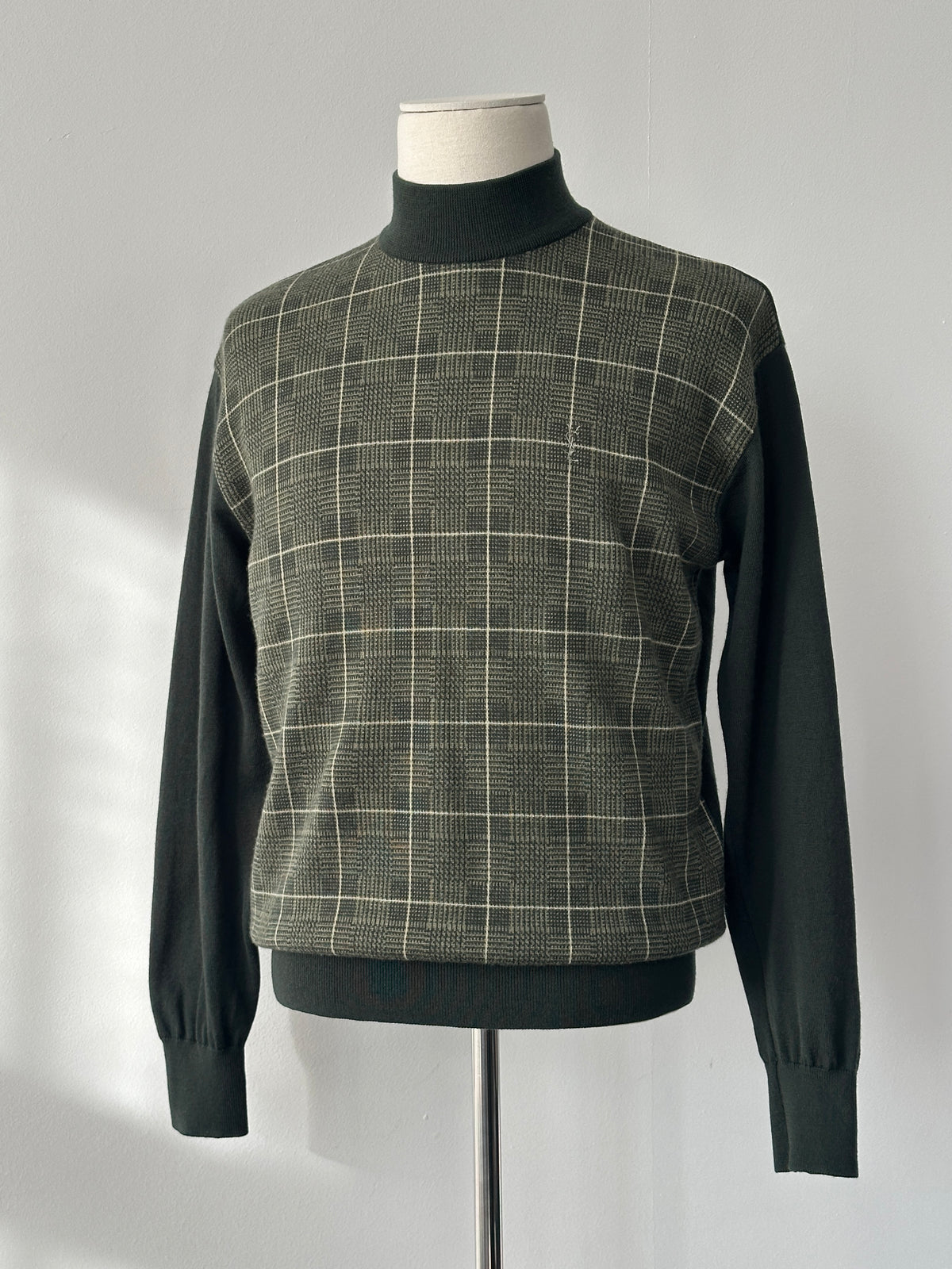 Yves Saint Laurent 1990s Pure Wool Check High Neck Jumper - S-M