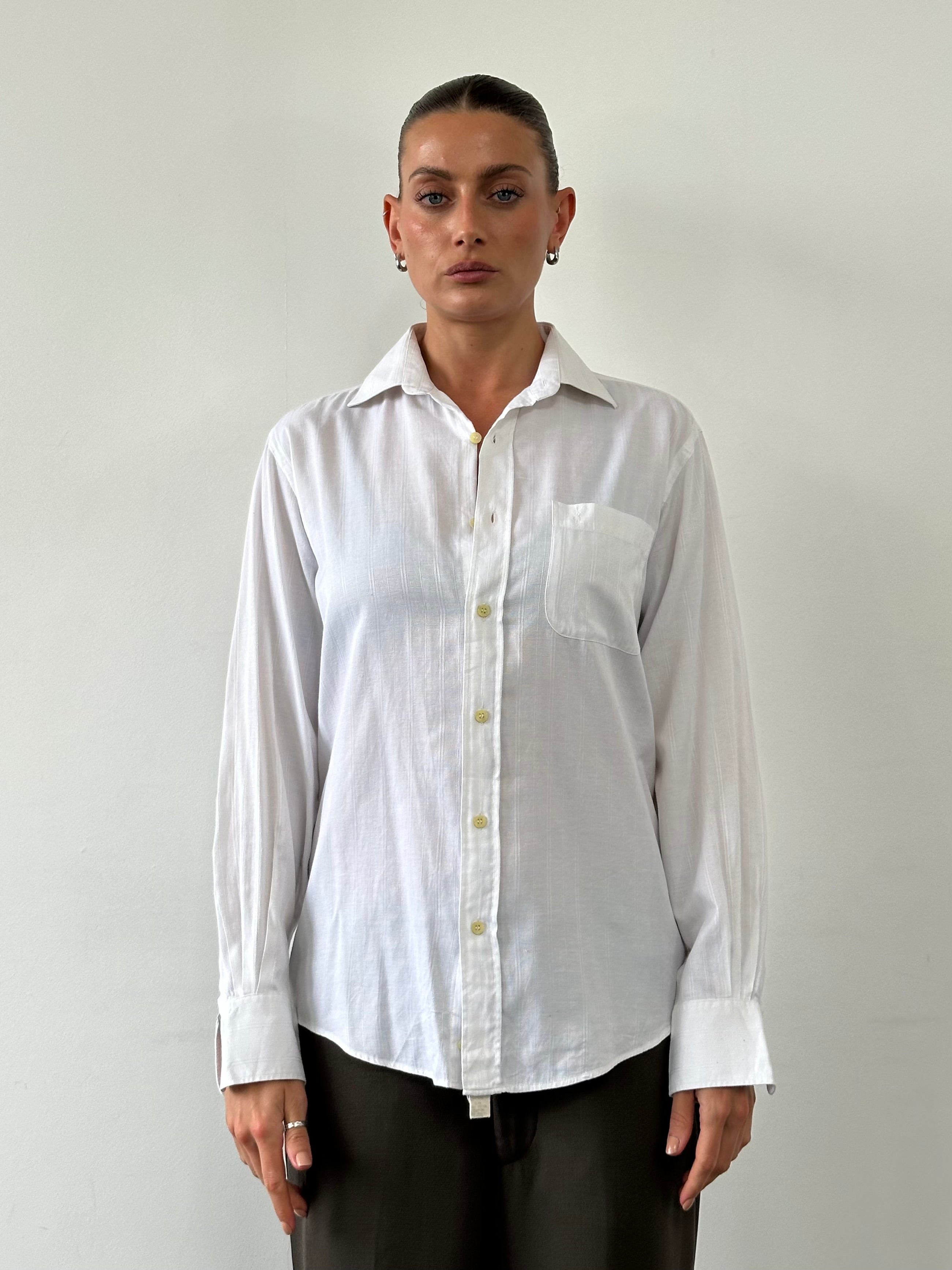 Yves Saint Laurent Pour Homme 1990s cotton logo shirt in size M, featuring classic design and YSL branding on the front.